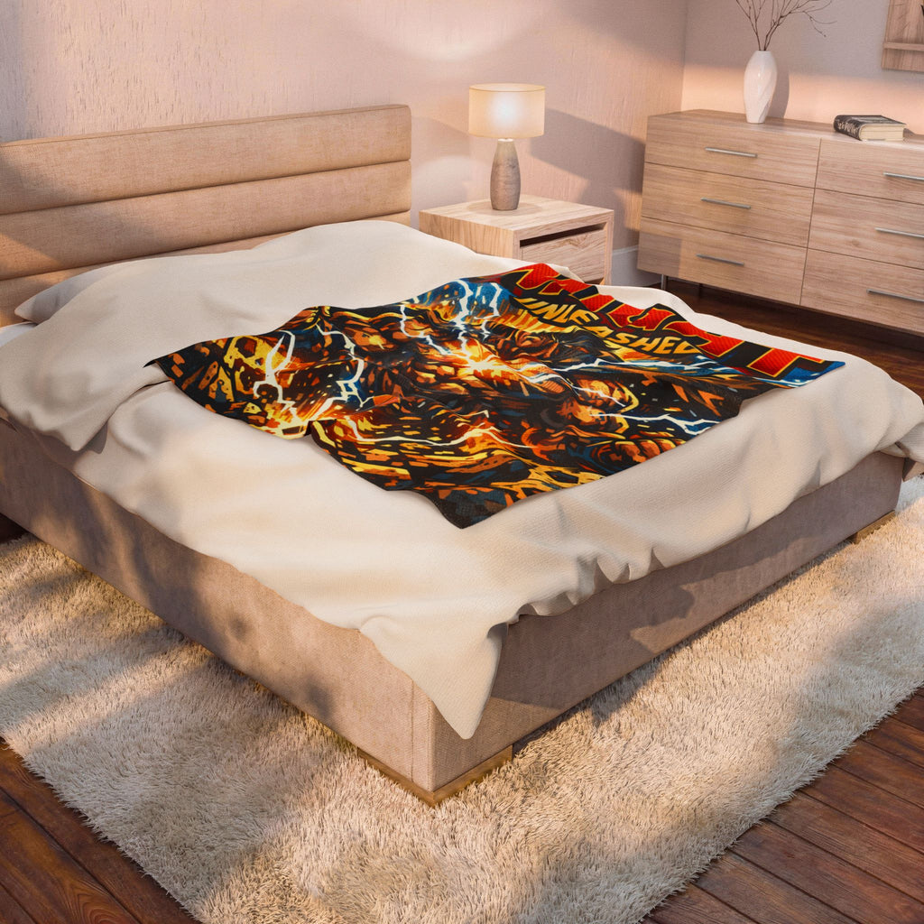 PRB Velveteen Plush Blanket — "MIGHT UNLEASHED" Superhero Power Throw by Printify