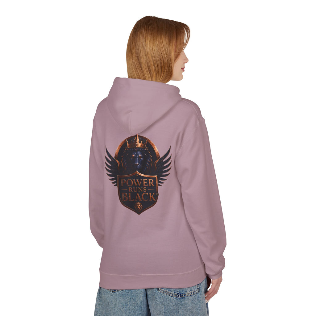 Power Runs Black crest hoodie | medieval shield with lions and wings by Power Runs Black