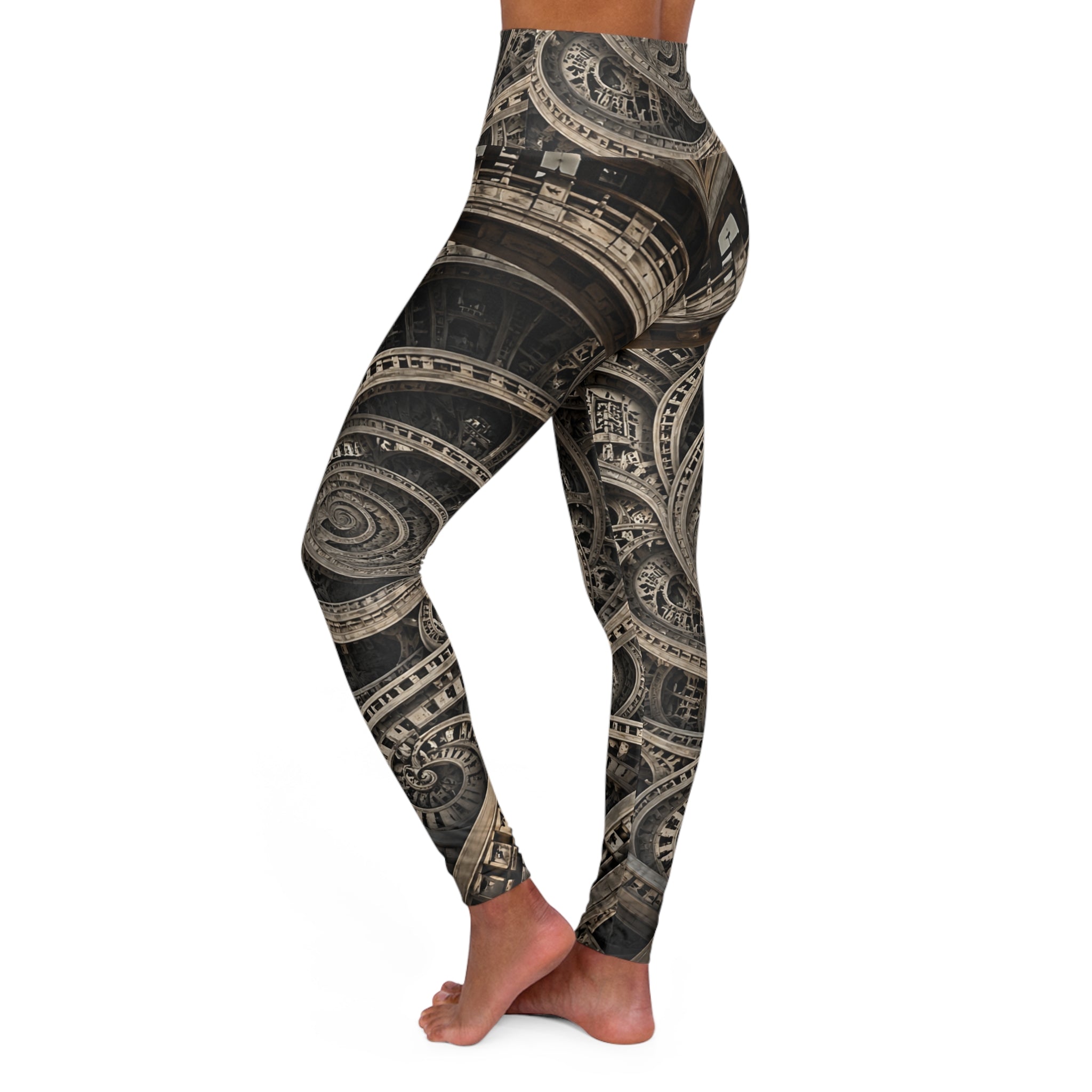 PRB Steampunk Gear Mandala High Waisted Yoga Leggings | All-Over Print by Power Runs Black