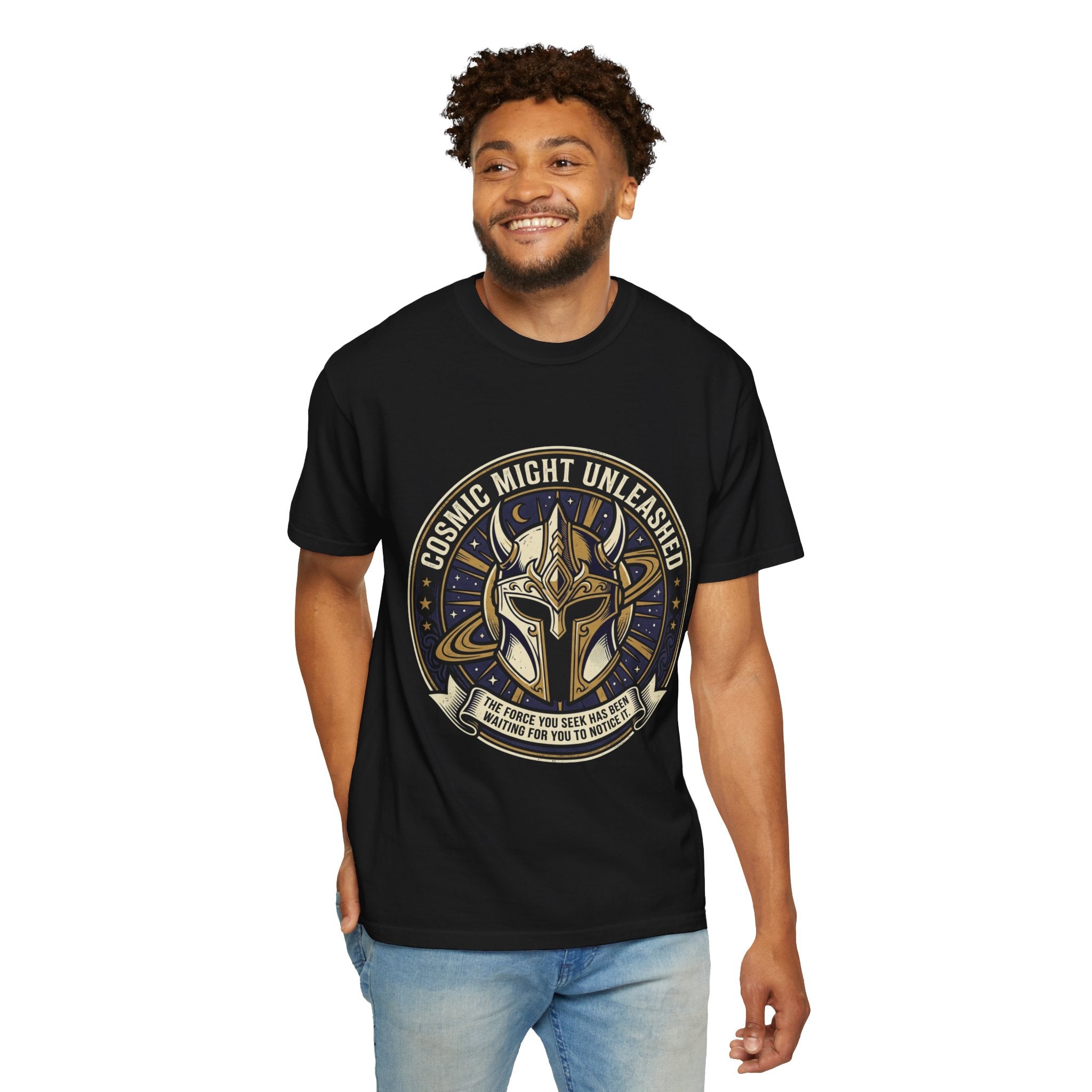 PRB Starforged Flex Cosmic Might Unleashed T-Shirt — Mythic Helmet Graphic Tee by Power Runs Black