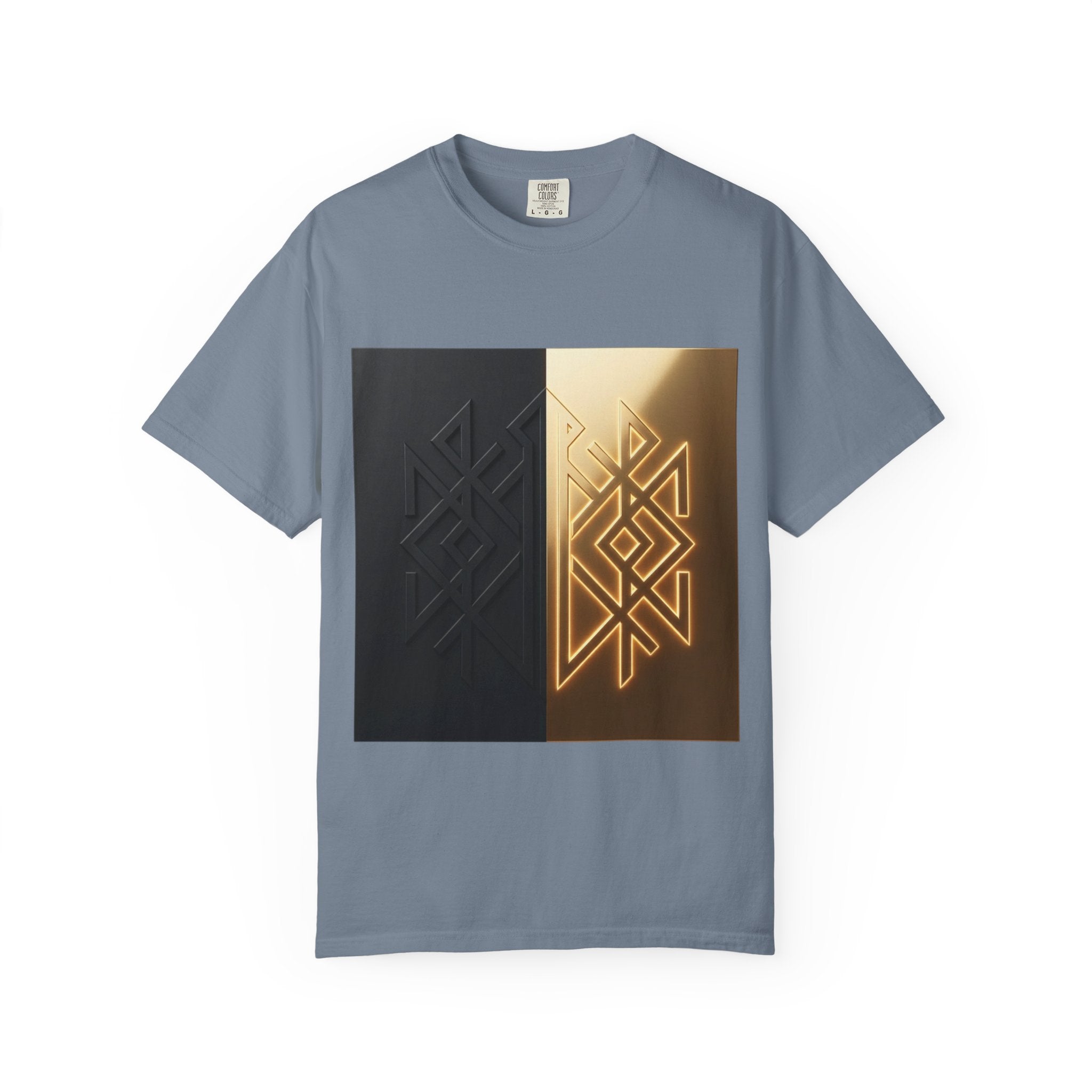 Power Runs Black PRB Geometric Split Glow T-Shirt — Black & Gold Tribal Diamond Graphic by Power Runs Black