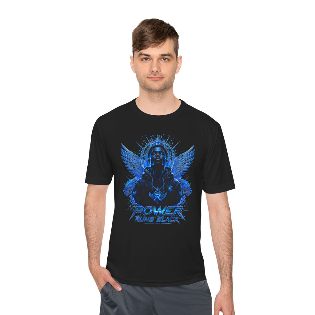Power Runs Black graphic Tee | Blue angel wings, armored figure, bold script by Power Runs Black