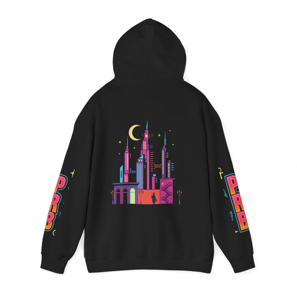 PRB Graphic Hoodie — Colorful Cityscape Pullover by Power Runs Black