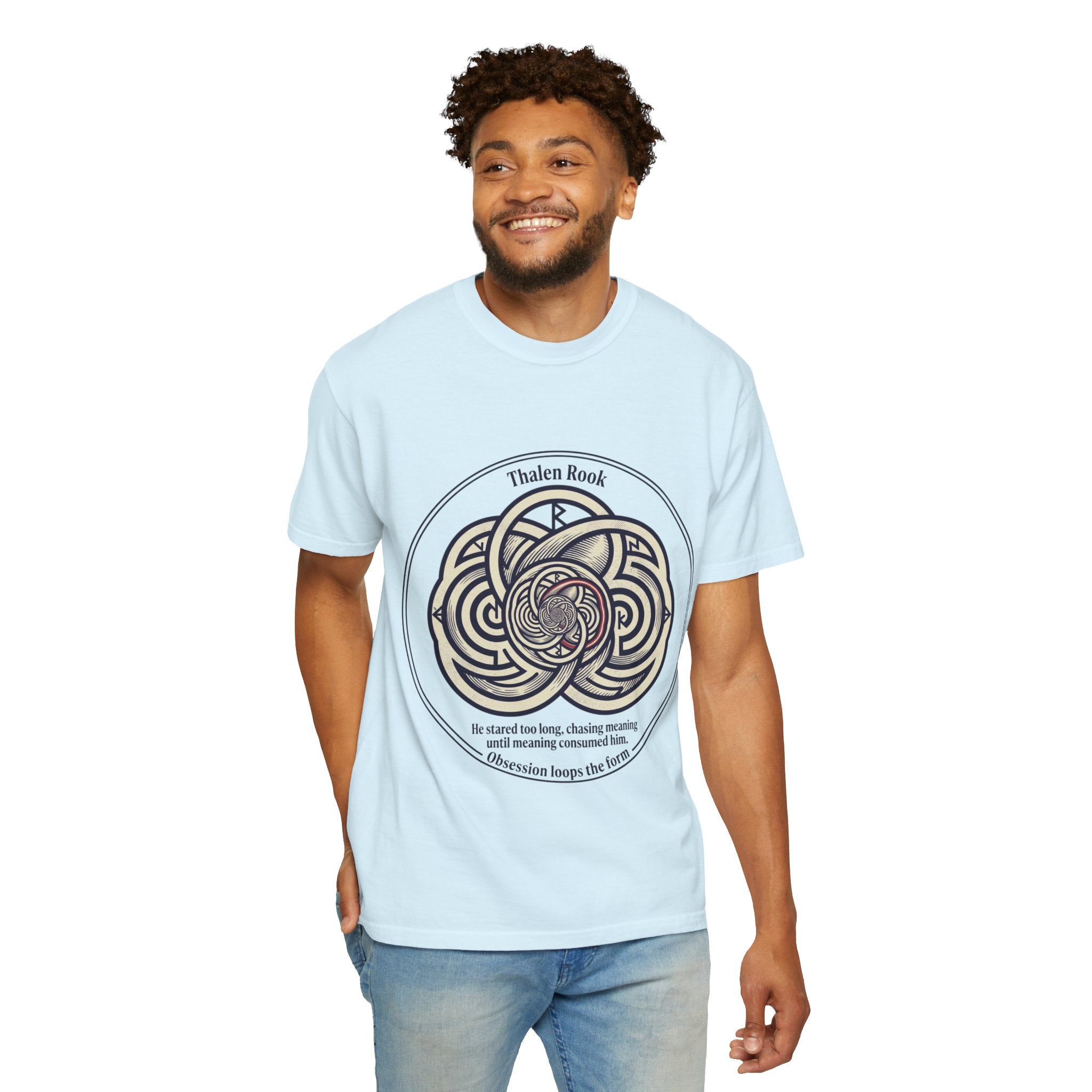 Power Runs Black PRB Thalen Rook Celtic Knot Graphic T-Shirt — "He stared too long..." Quote Tee by Printify