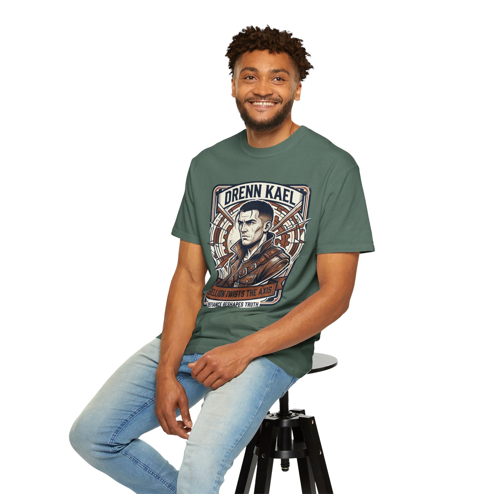 Power Runs Black PRB Drenn Kael Portrait T-Shirt — "Rebellion Twists the Axis" Graphic Tee by Printify