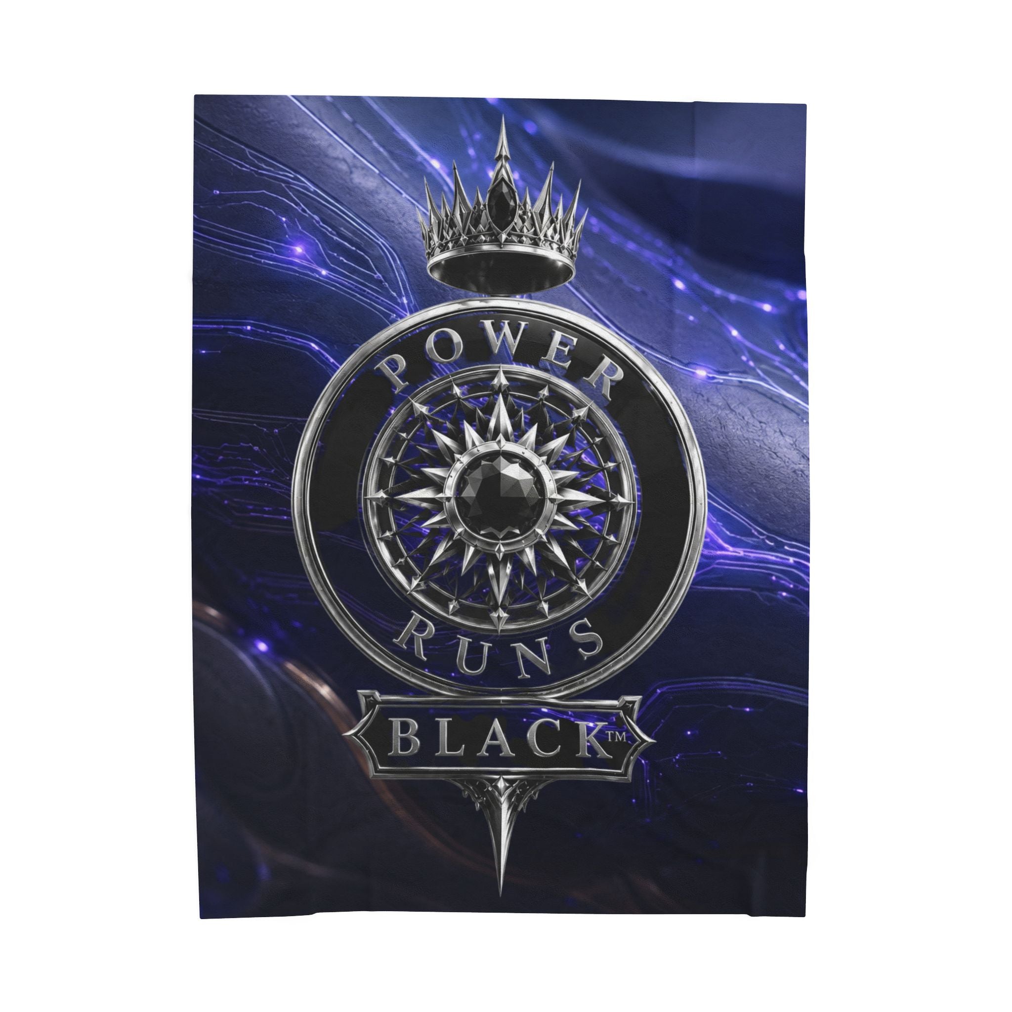 Power Runs Black Velveteen Plush Blanket – Galactic Crown Emblem by Power Runs Black
