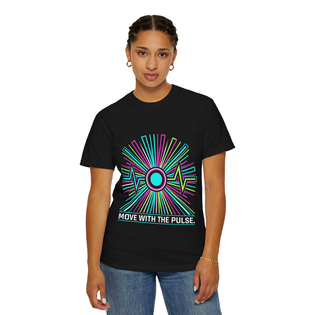 Power Runs Black PRB Electric "Move With Pulse" Graphic T-Shirt — Neon Sunburst Design by Power Runs Black