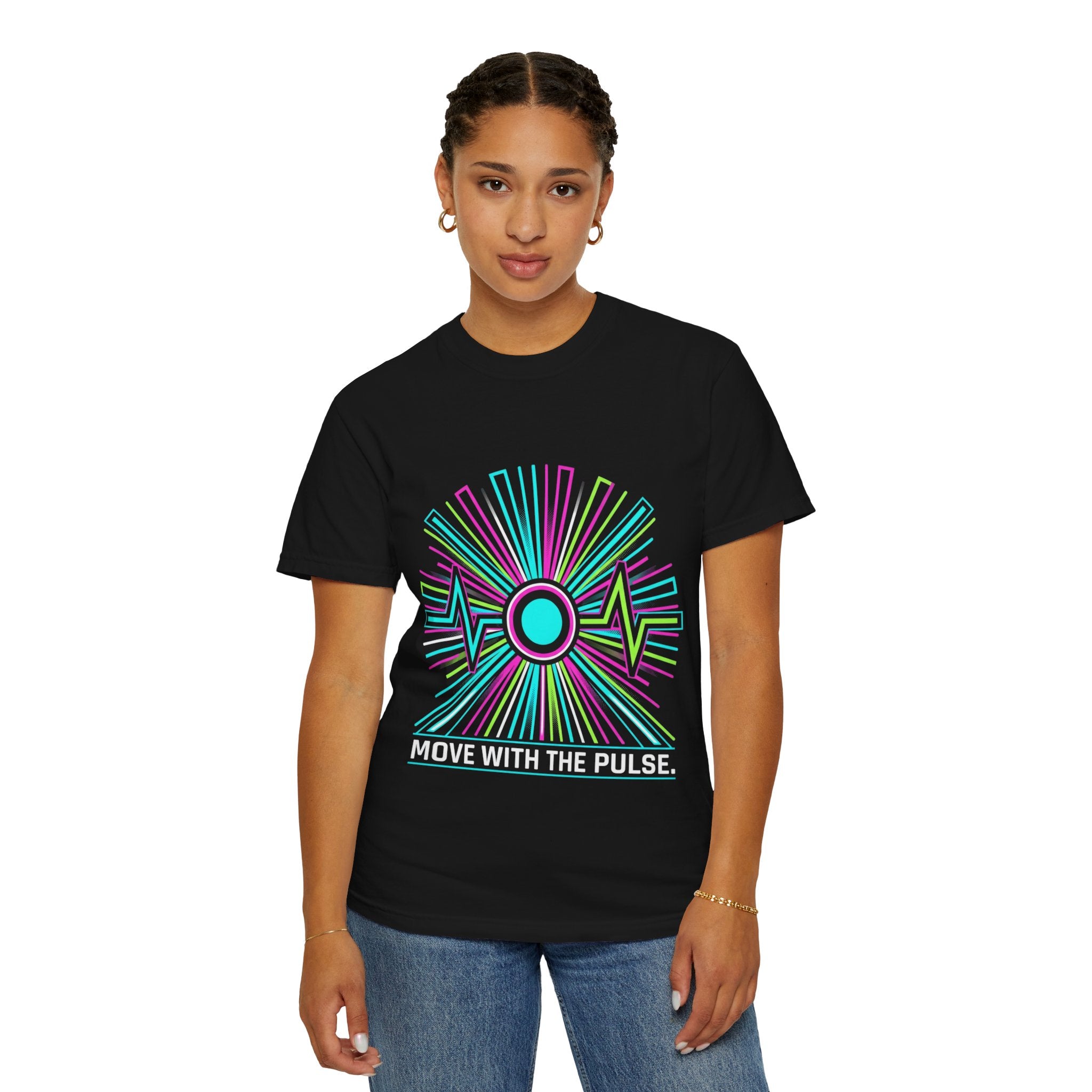 Power Runs Black PRB Electric "Move With Pulse" Graphic T-Shirt — Neon Sunburst Design by Power Runs Black