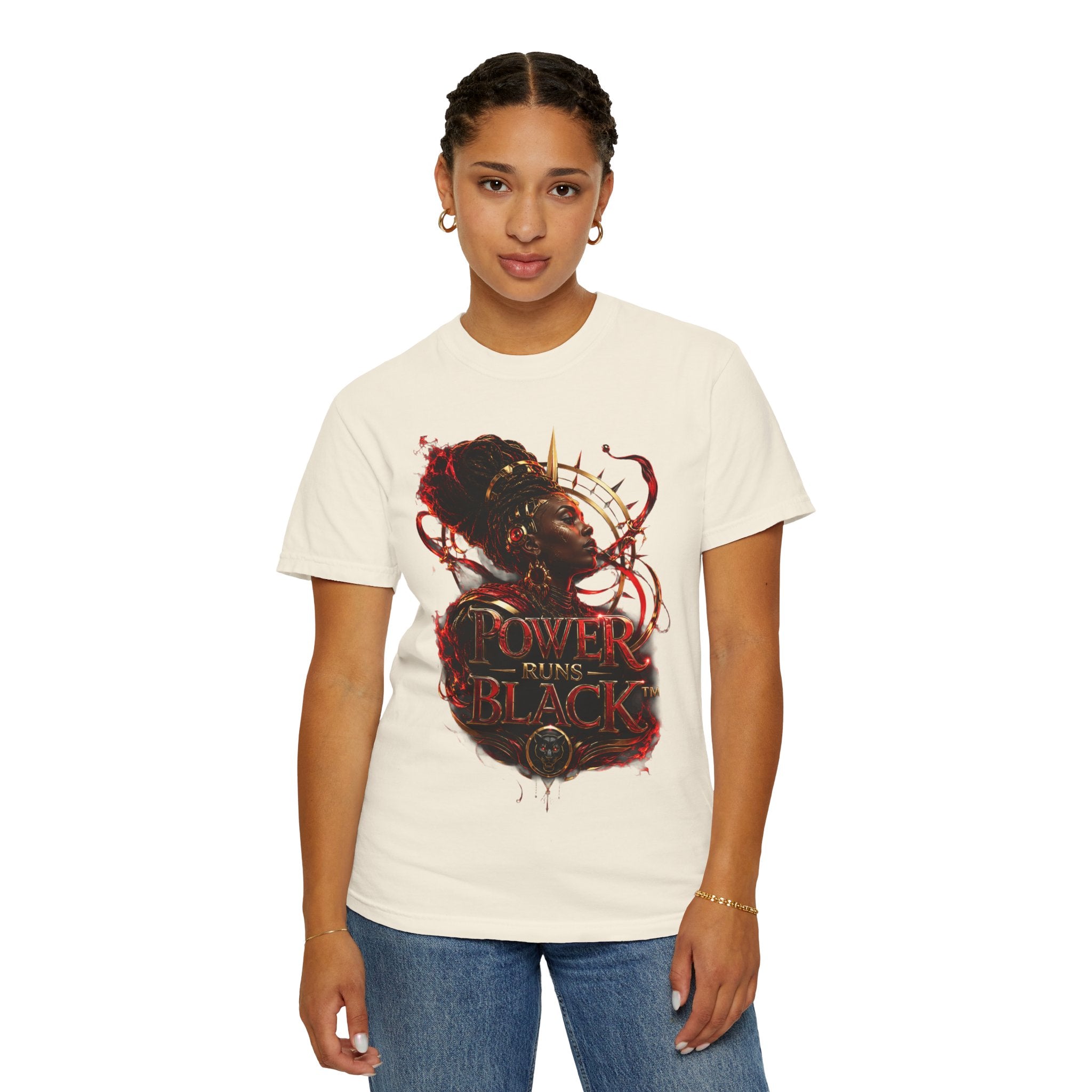 Power Runs Black T-Shirt — Afrocentric Crowned Goddess Graphic Tee by Printify