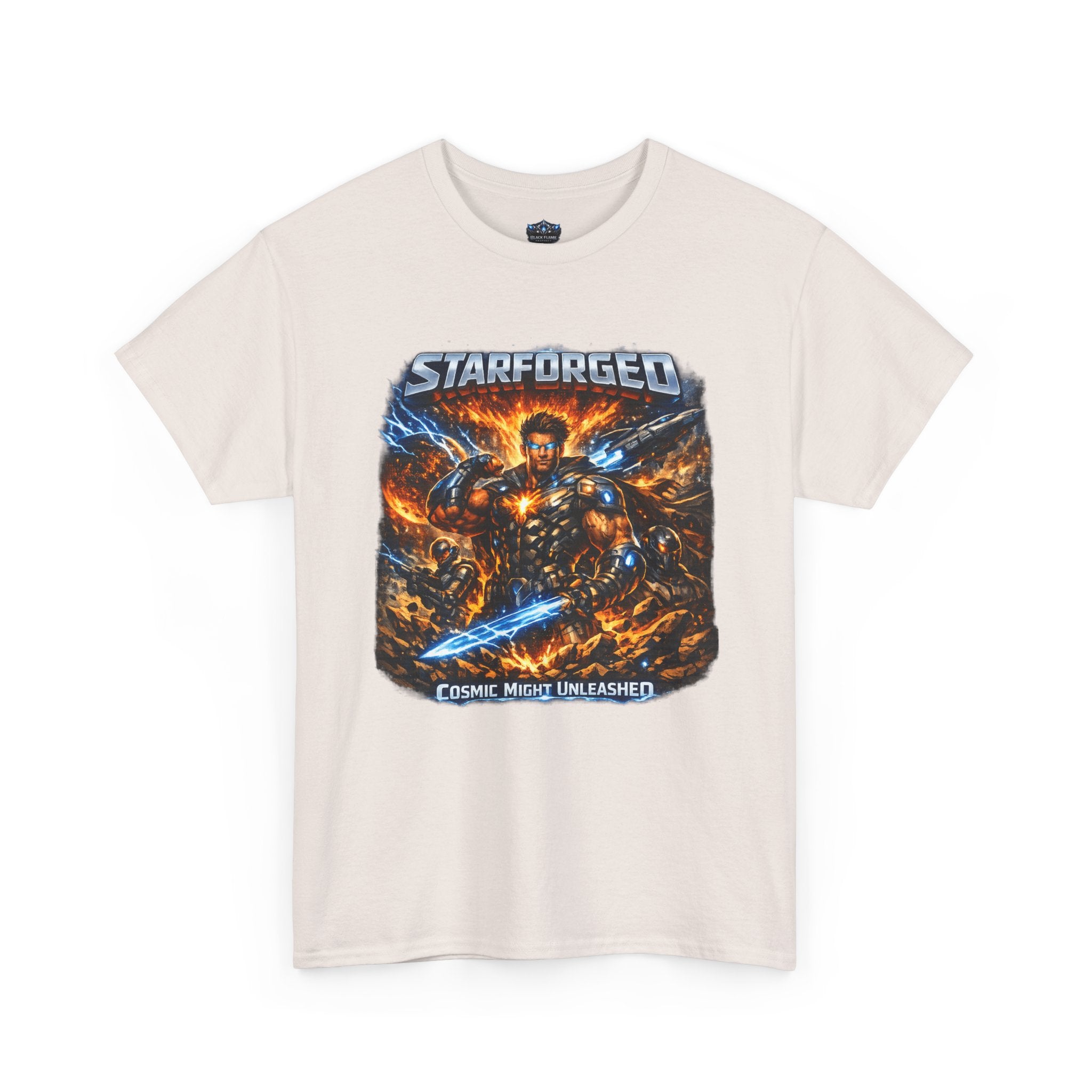 Starforged Flex : Cosmic Might Unleashed Illustration Graphic T by Power Runs Black
