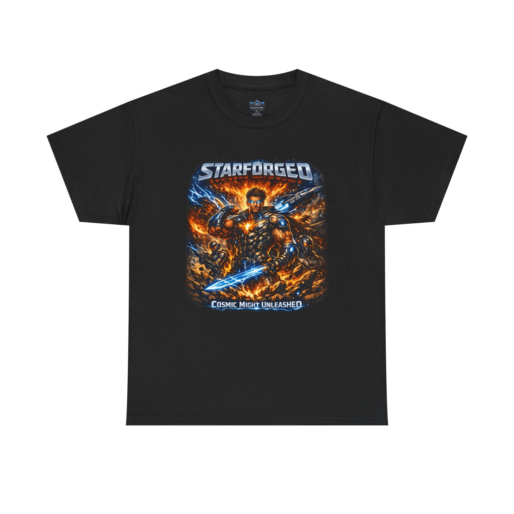 Power Runs Black PRB Starforged Sci‑Fi Graphic Tee (“Cosmic Metal Unleashed”) by Printify