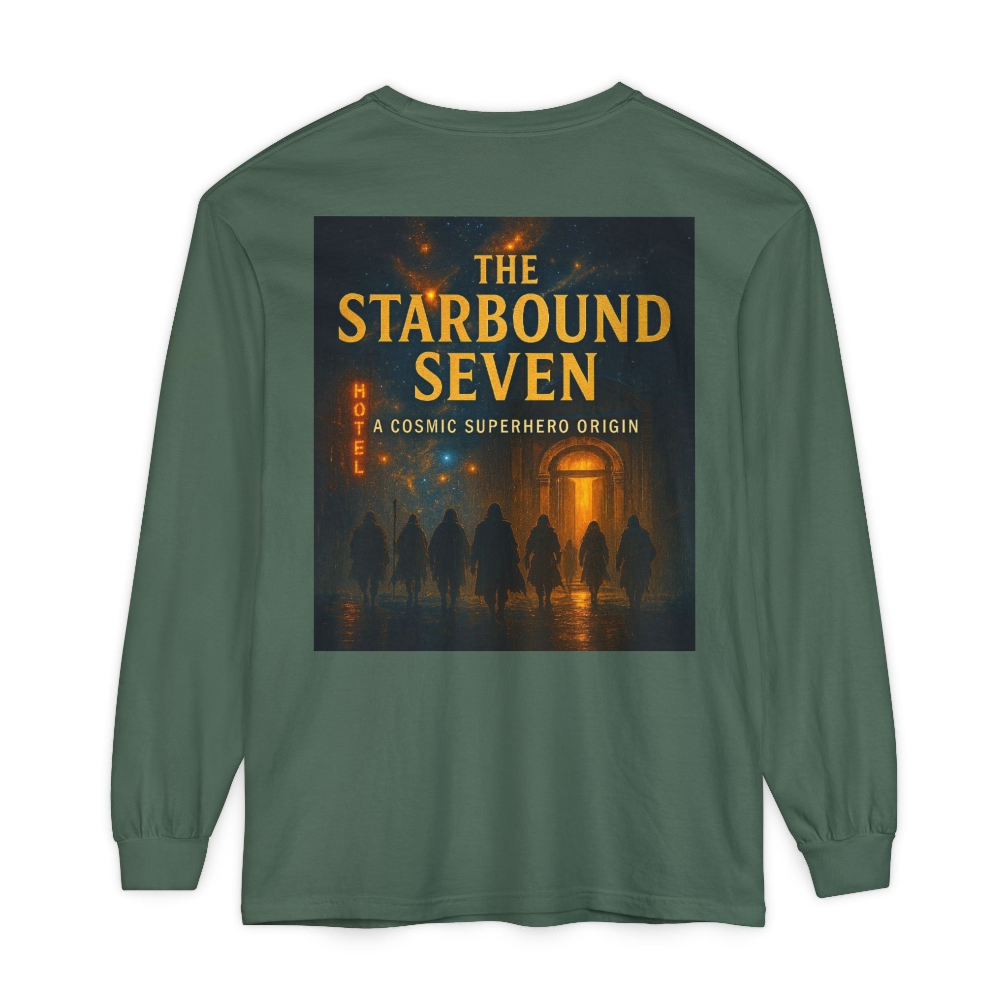 PRB The Starbound Seven graphic long sleeve shirt | cosmic superhero poster by Power Runs Black