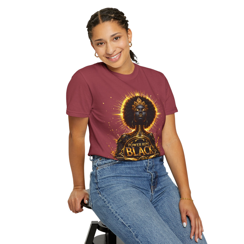 Power Runs Black goddess illustration T-Shirt | Afrocentric black pride design by Power Runs Black