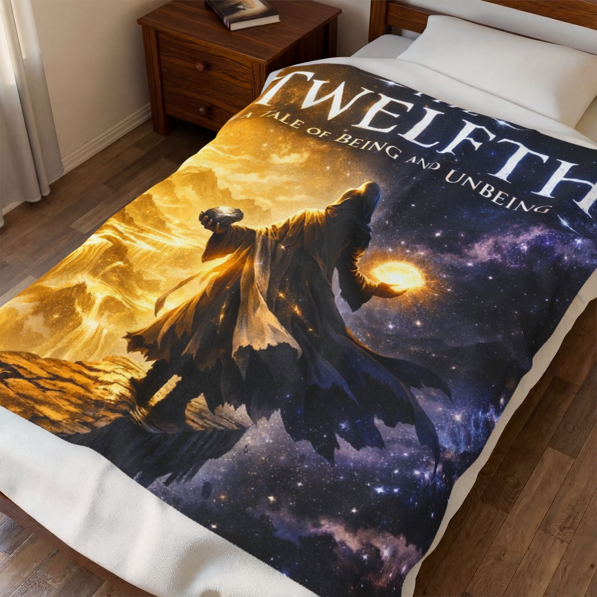 PRB Velveteen Plush Blanket — 'The Twelfth: A Tale of Being and Unbeing' Fantasy Book Cover Throw by Power Runs Black