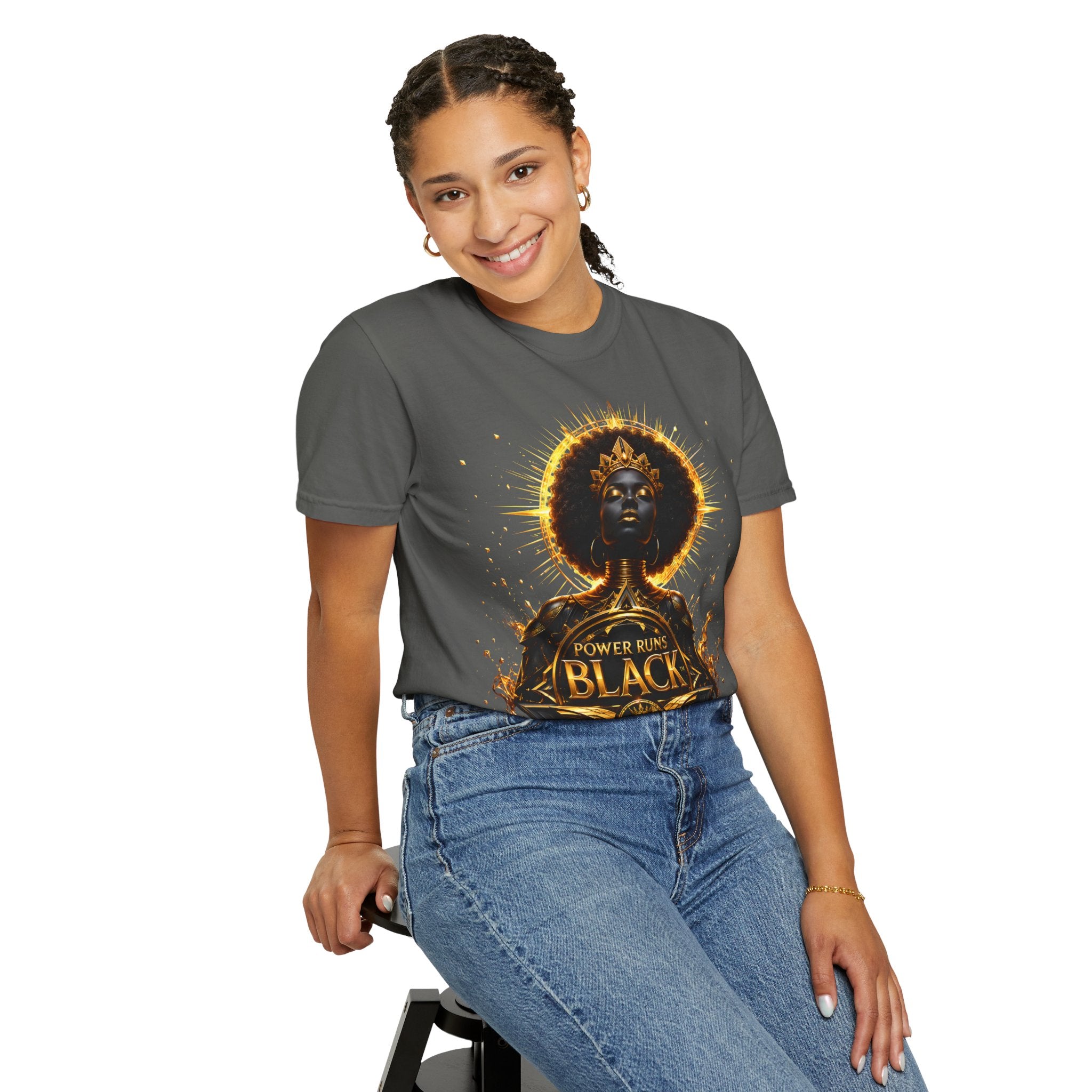 Power Runs Black goddess illustration T-Shirt | Afrocentric black pride design by Power Runs Black