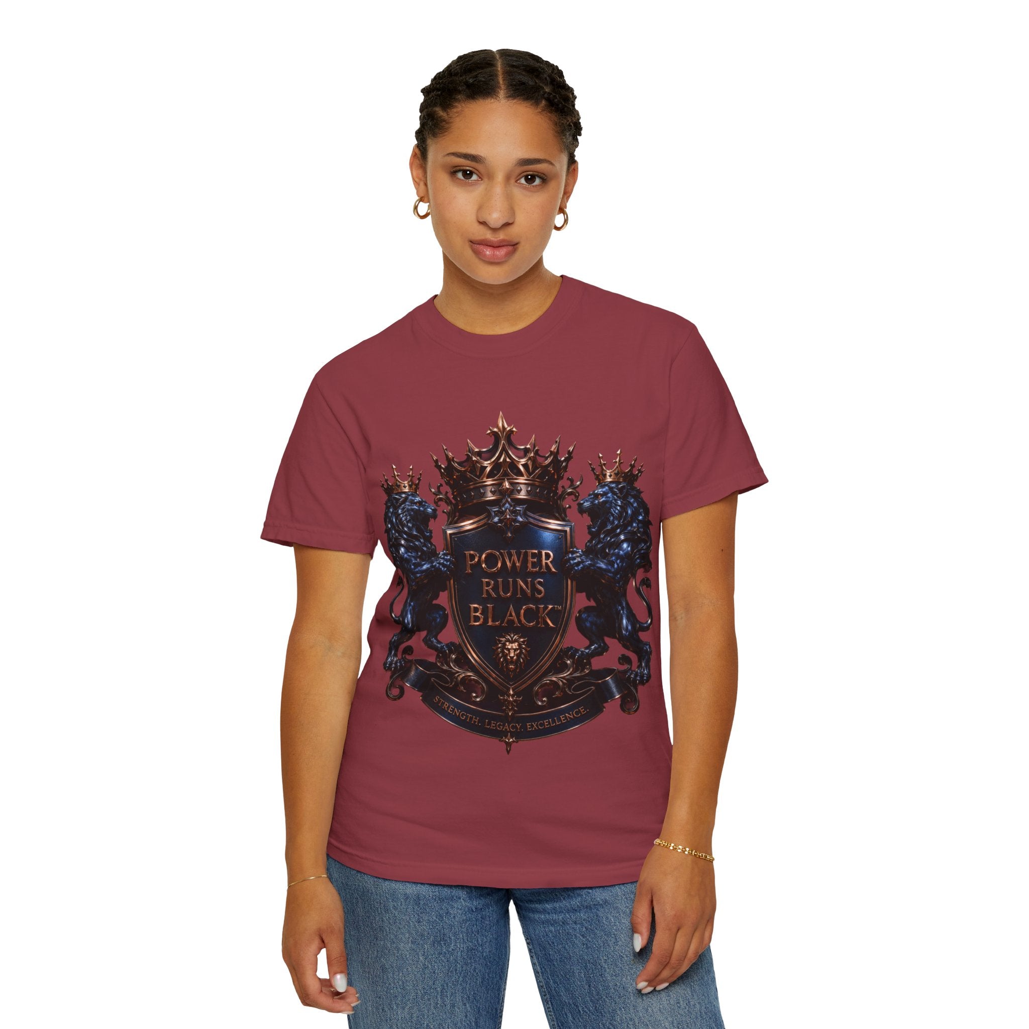 Power Runs Black Crest T-shirt | Heraldic Lion Shield Tee by Power Runs Black