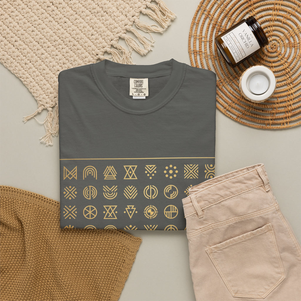 Power Runs Black PRB Symbol Grid T-Shirt — Minimal Gold Icon Graphic Tee by Printify