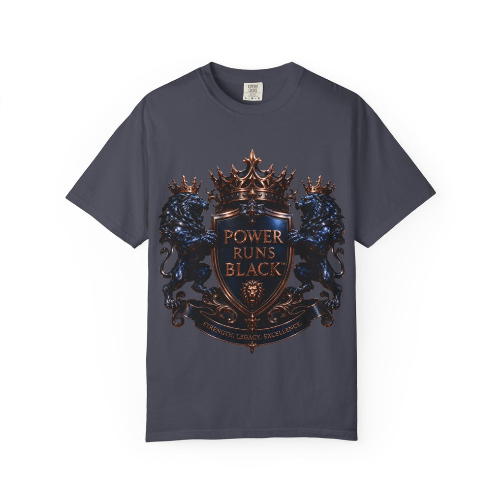 Power Runs Black Crest T-shirt | Heraldic Lion Shield Tee by Power Runs Black