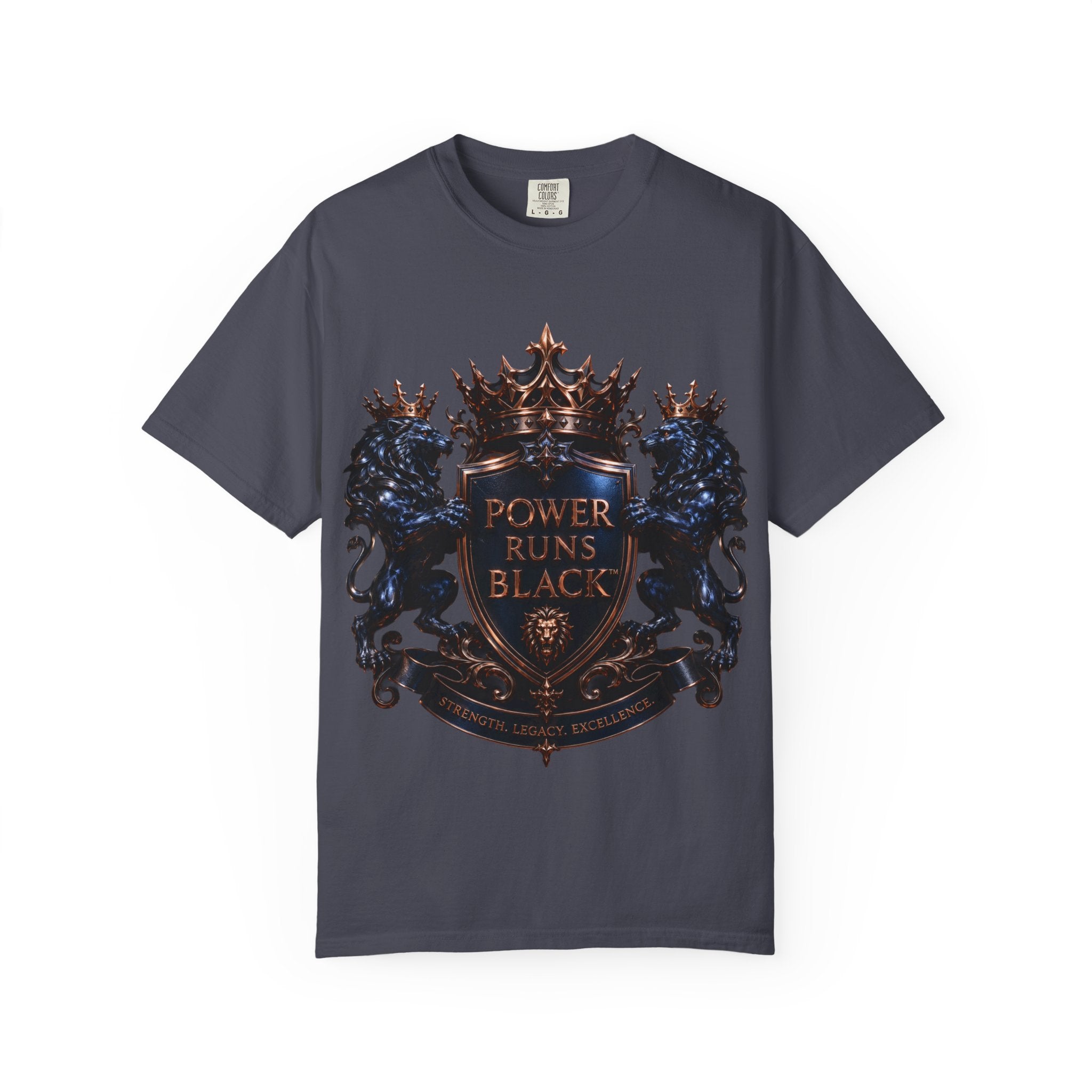 Power Runs Black Crest T-shirt | Heraldic Lion Shield Tee by Power Runs Black