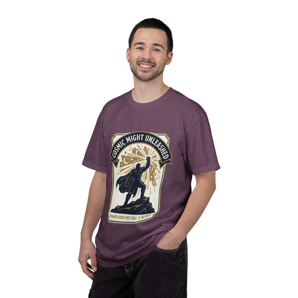 PRB Starforged Flex Cosmic Might Unleashed T-Shirt — Retro Superhero Space Graphic ('Power Does Not Rise, It Returns') by Power Runs Black