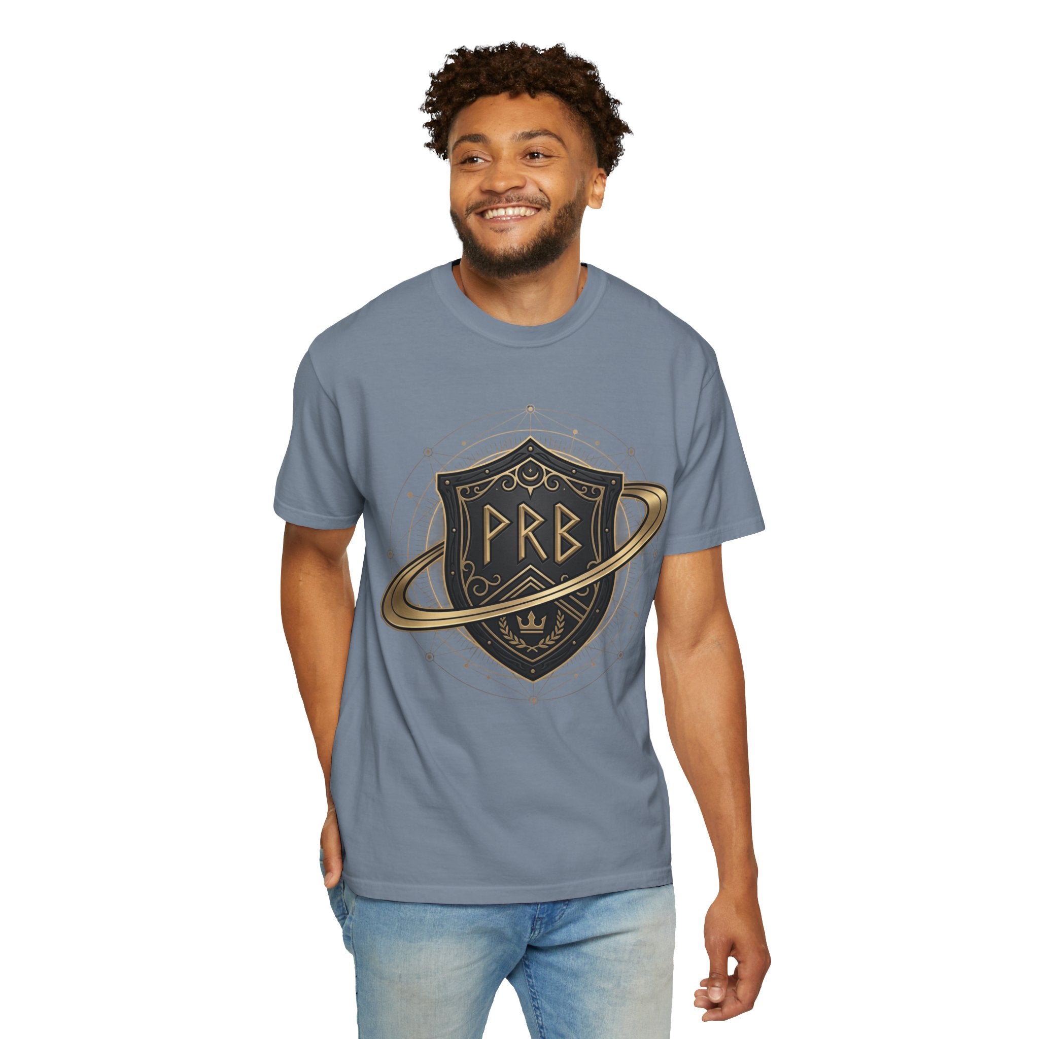 Power Runs Black Astral Crest Shield PRB T-Shirt | Saturn Ring Emblem, Gothic Heraldry by Printify