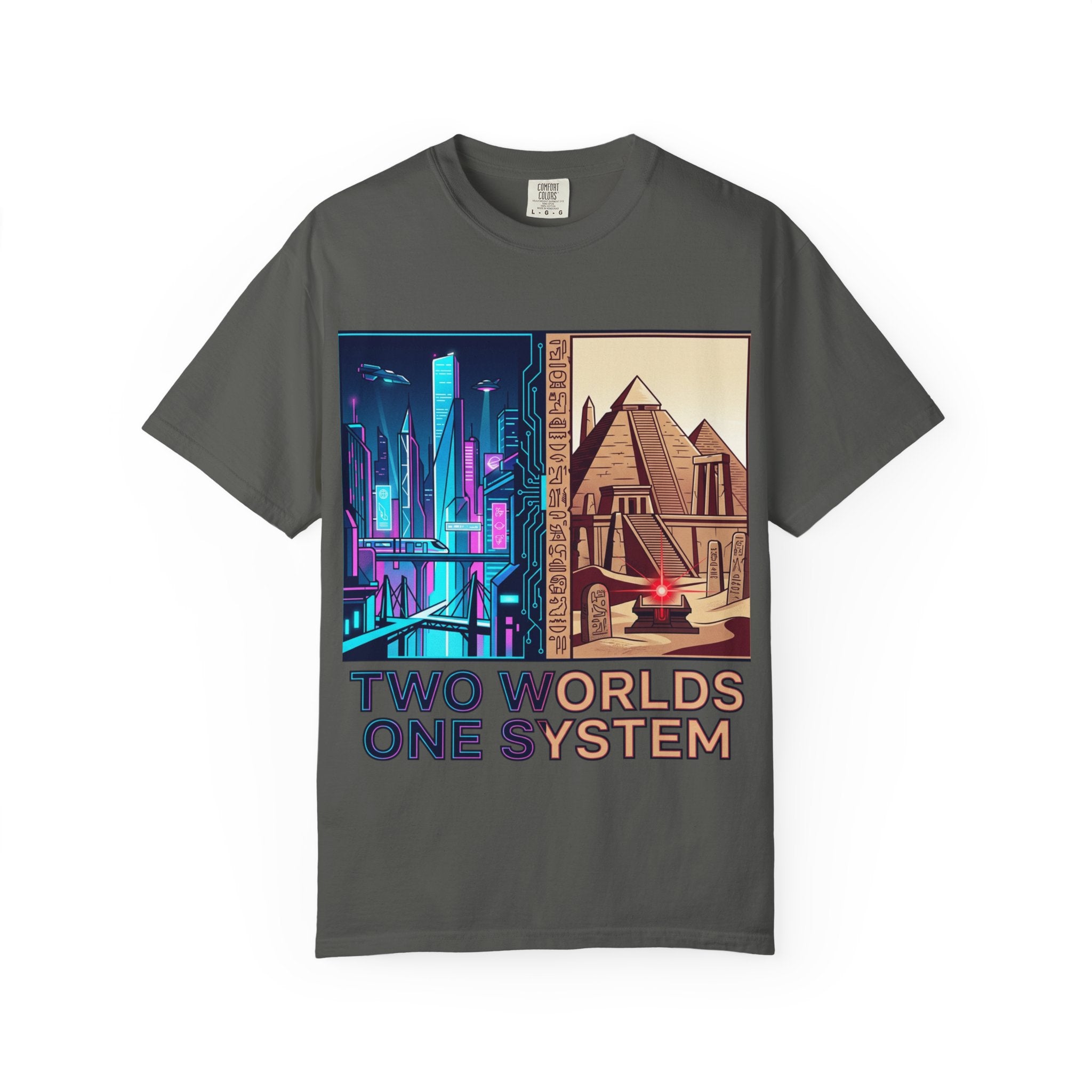 Power Runs Black PRB Blue Technopolis/ Red Dominion Two Worlds One System T-Shirt by Power Runs Black