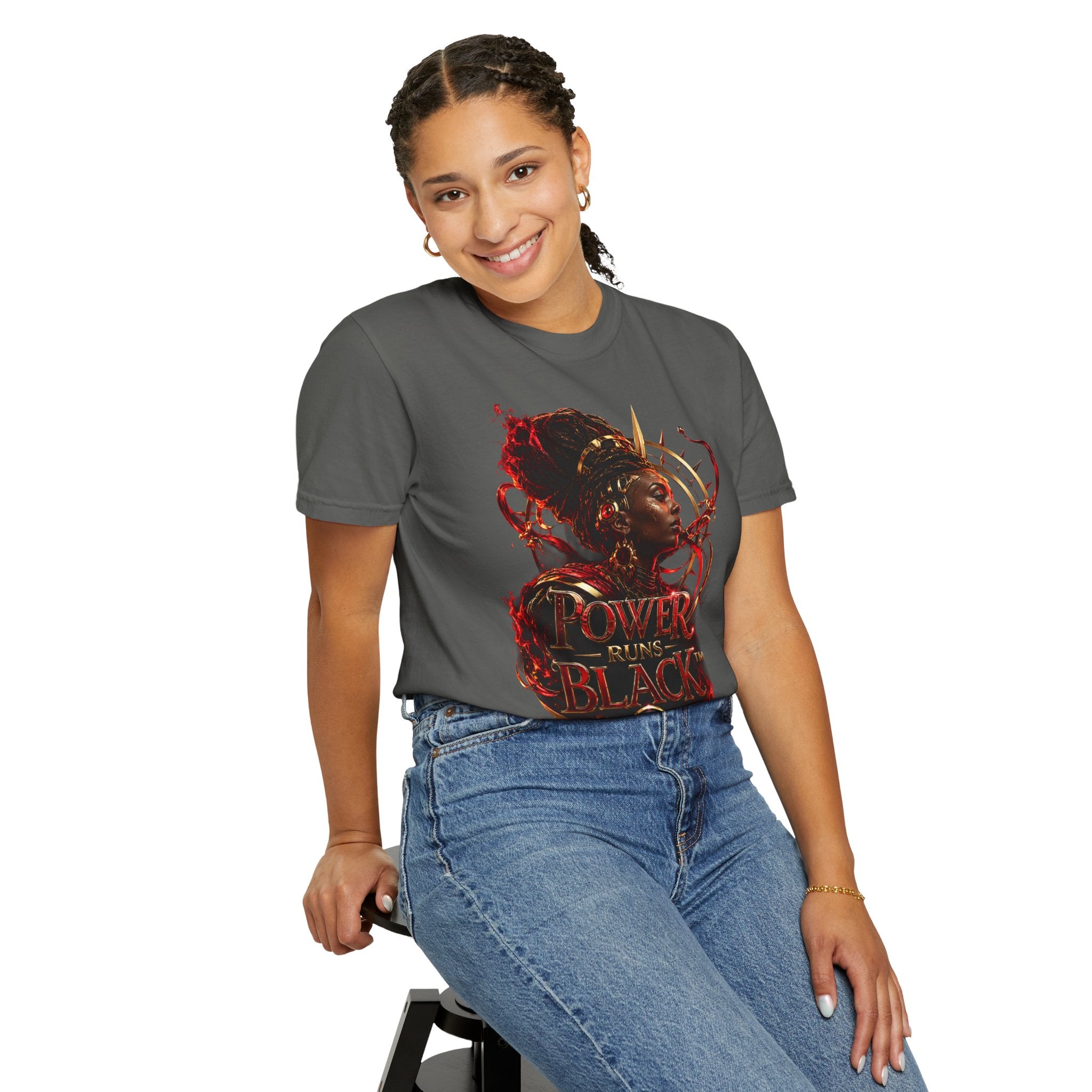 Power Runs Black T-Shirt — Afrocentric Crowned Goddess Graphic Tee by Printify