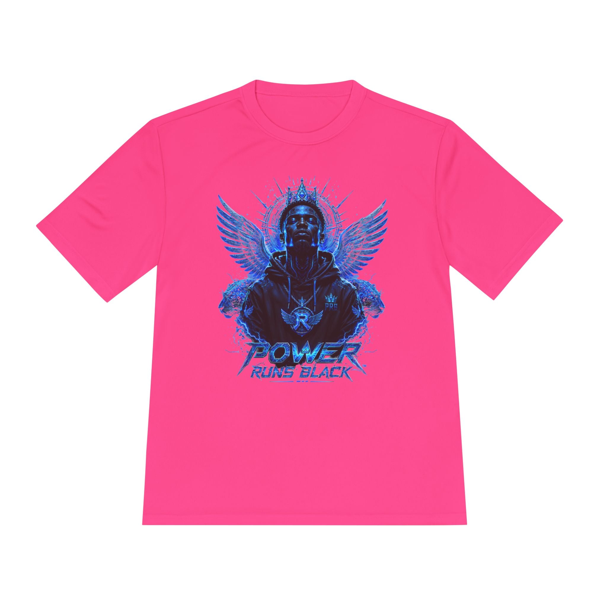 Power Runs Black graphic Tee | Blue angel wings, armored figure, bold script by Power Runs Black