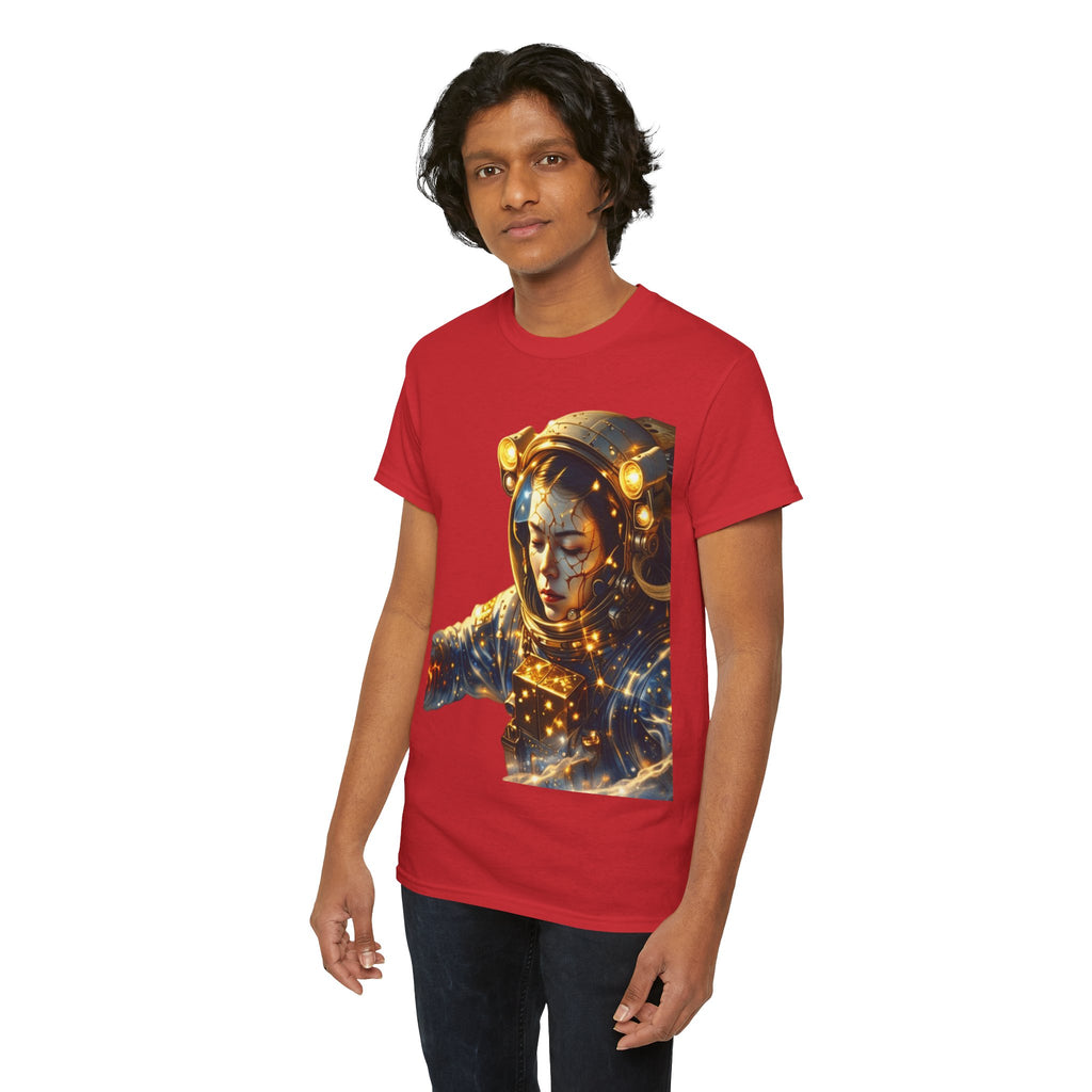 Power Runs Black PRB Golden Astronaut Portrait T-Shirt | Space Helmet Art, Cosmic Lights by Printify