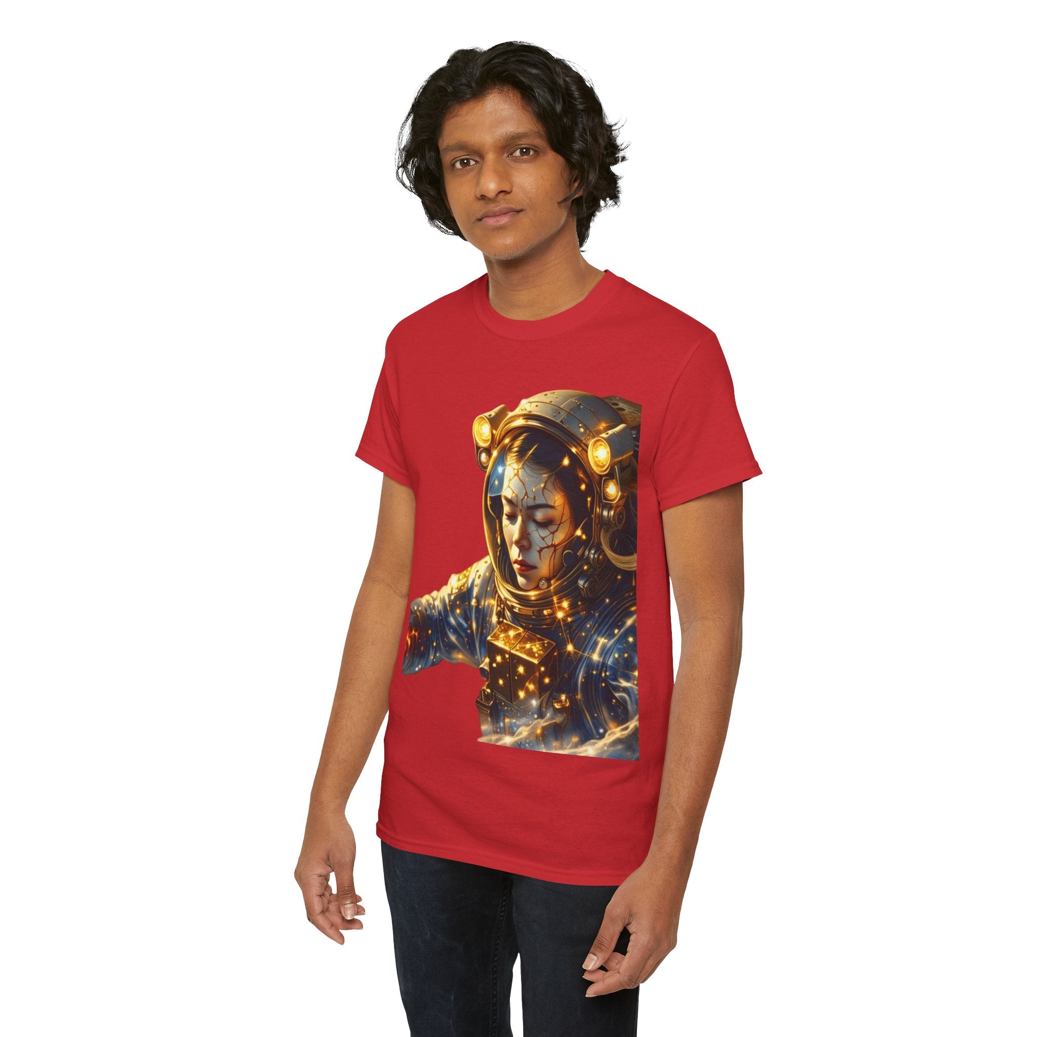 Power Runs Black PRB Golden Astronaut Portrait T-Shirt | Space Helmet Art, Cosmic Lights by Printify