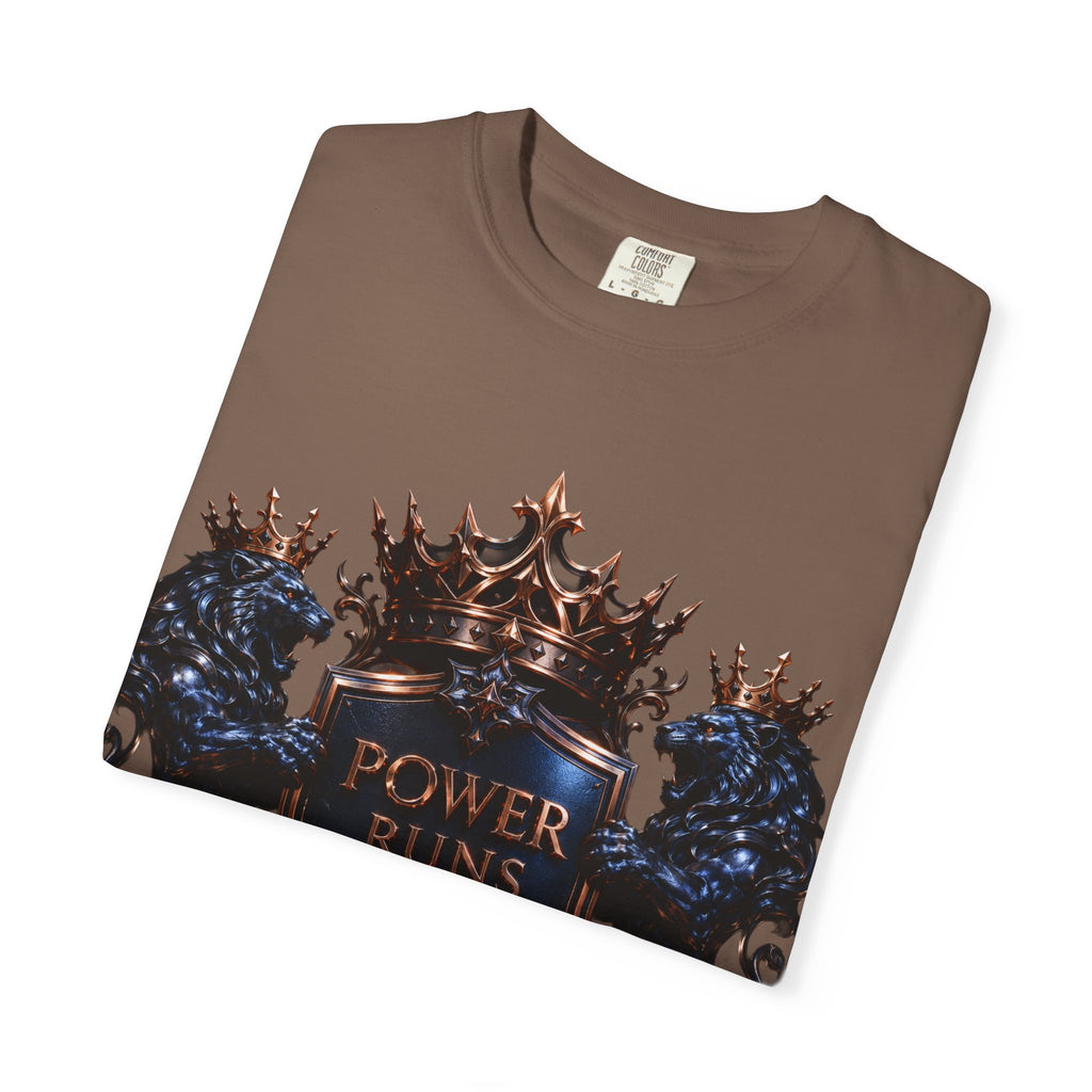 Power Runs Black Crest T-shirt | Heraldic Lion Shield Tee by Power Runs Black