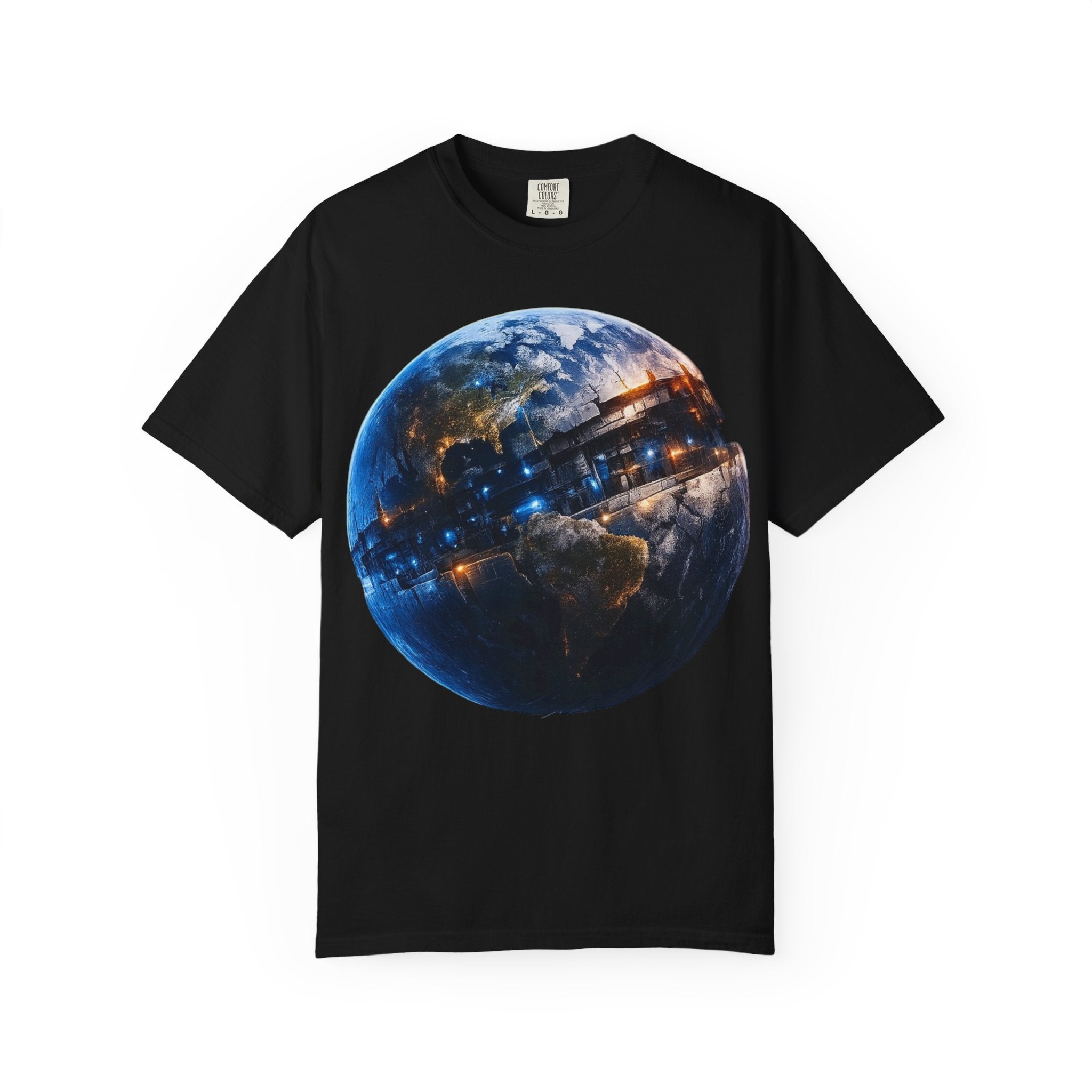 PRB Cityscape Globe T-shirt | Nighttime Earth Illustration, Urban Lights by Power Runs Black