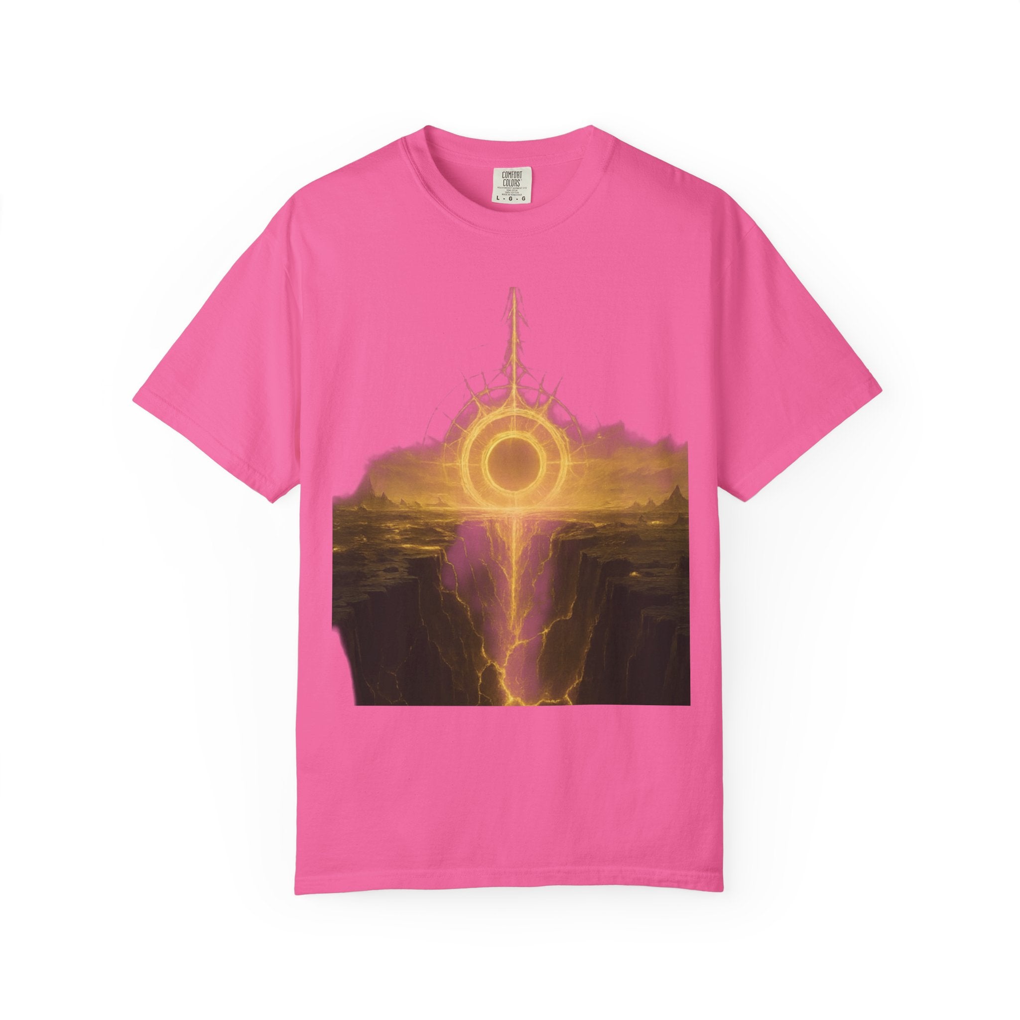 Power Runs Black PRB Golden Eclipse Portal T-shirt | Fantasy Landscape, Mystic Ring, Tower Art by Power Runs Black