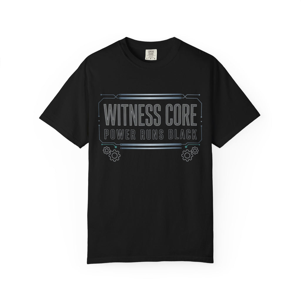 Printify PRB Witness Core Power Runs Black T-shirt | Tech Industrial Graphic Tee - T-Shirt