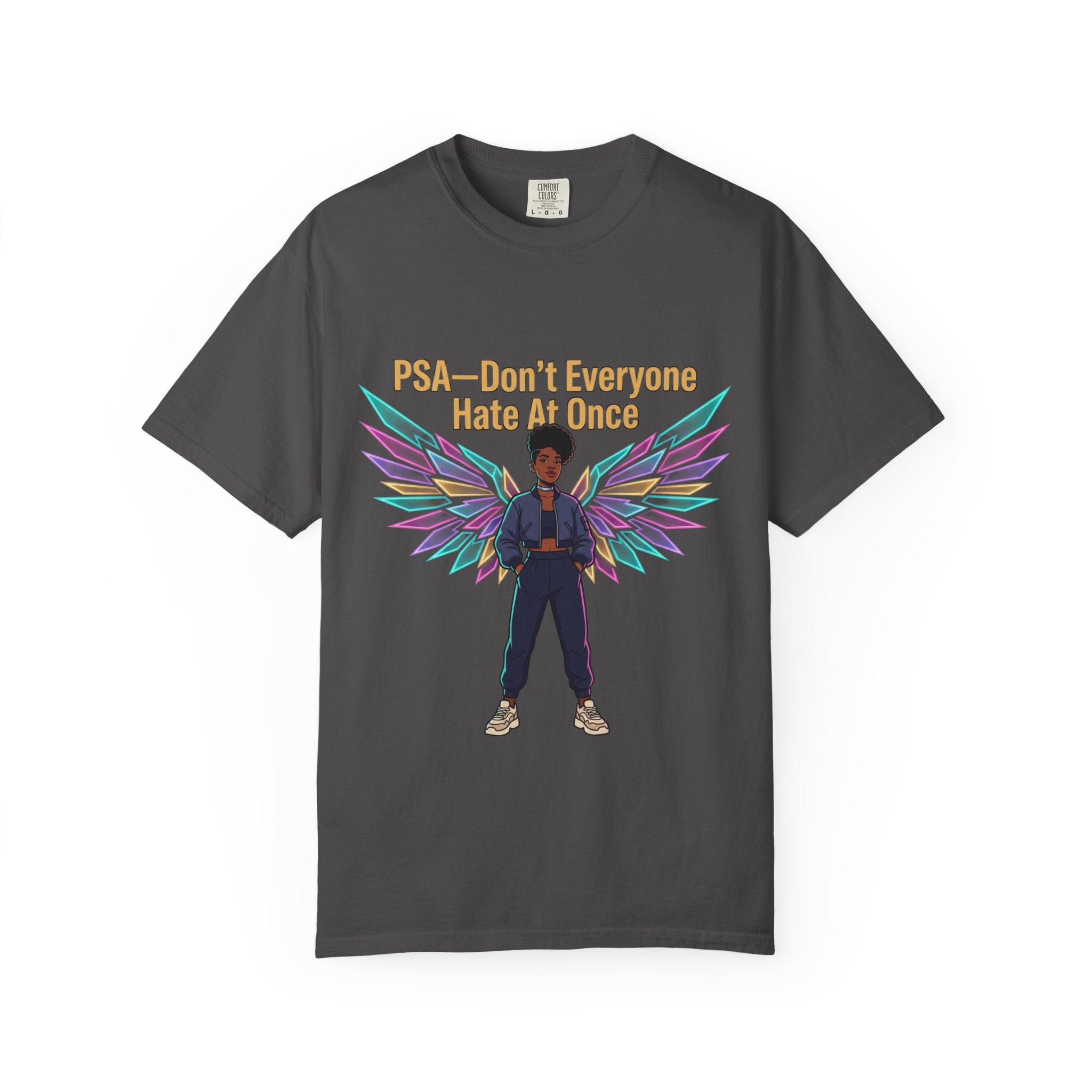 T-Shirt — PSA “Don't Everyone Hate At Once” Angel Wings Graphic Tee by Printify