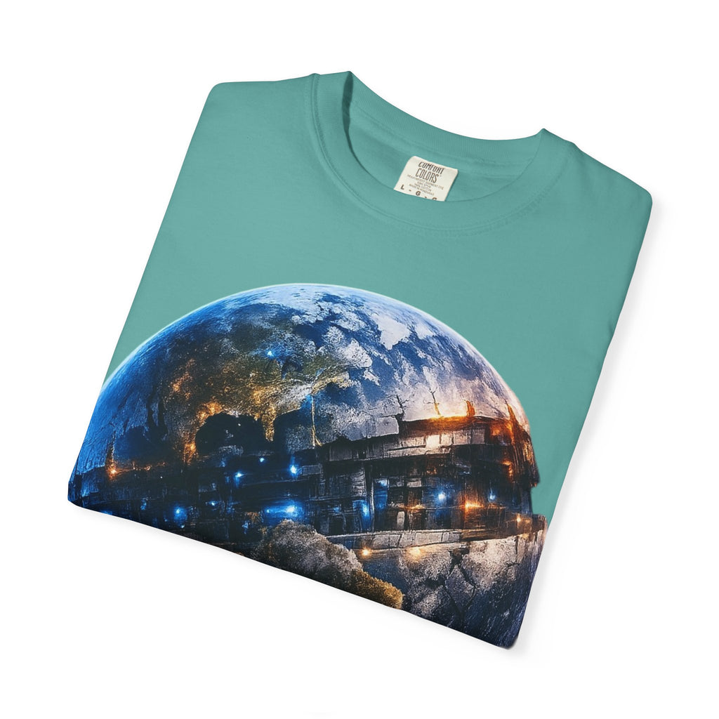 PRB Cityscape Globe T-shirt | Nighttime Earth Illustration, Urban Lights by Power Runs Black