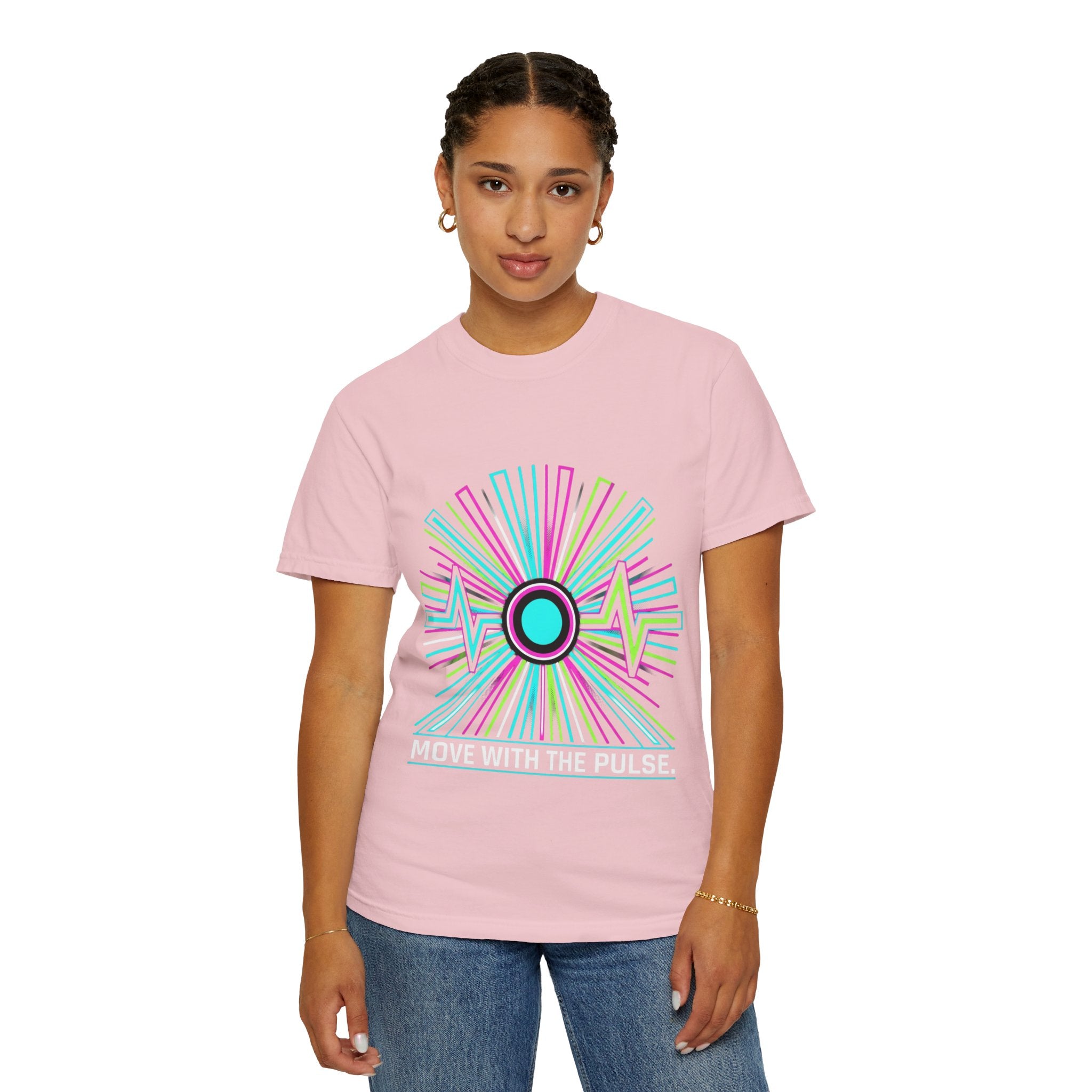 Power Runs Black PRB Electric "Move With Pulse" Graphic T-Shirt — Neon Sunburst Design by Power Runs Black
