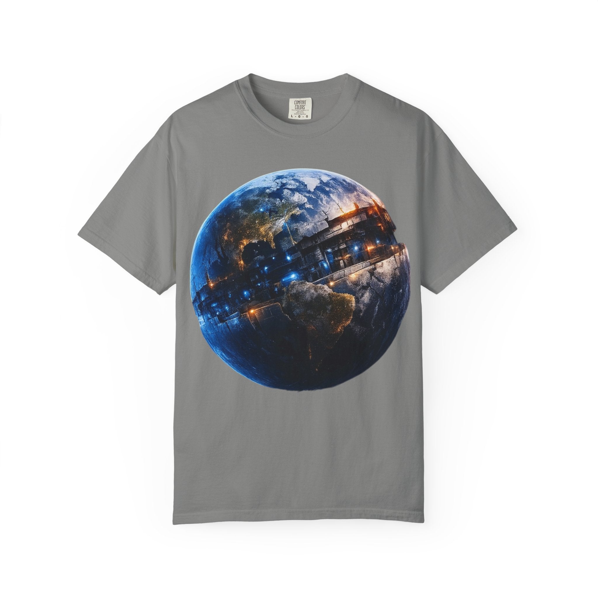 PRB Cityscape Globe T-shirt | Nighttime Earth Illustration, Urban Lights by Power Runs Black