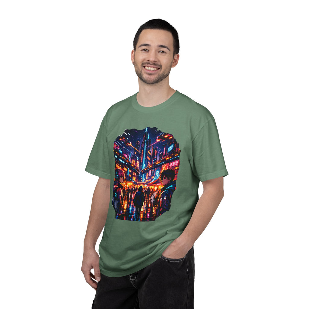 PRB Neon Cyberpunk Cityscape T-shirt | Anime Night Rain Streets by Power Runs Black