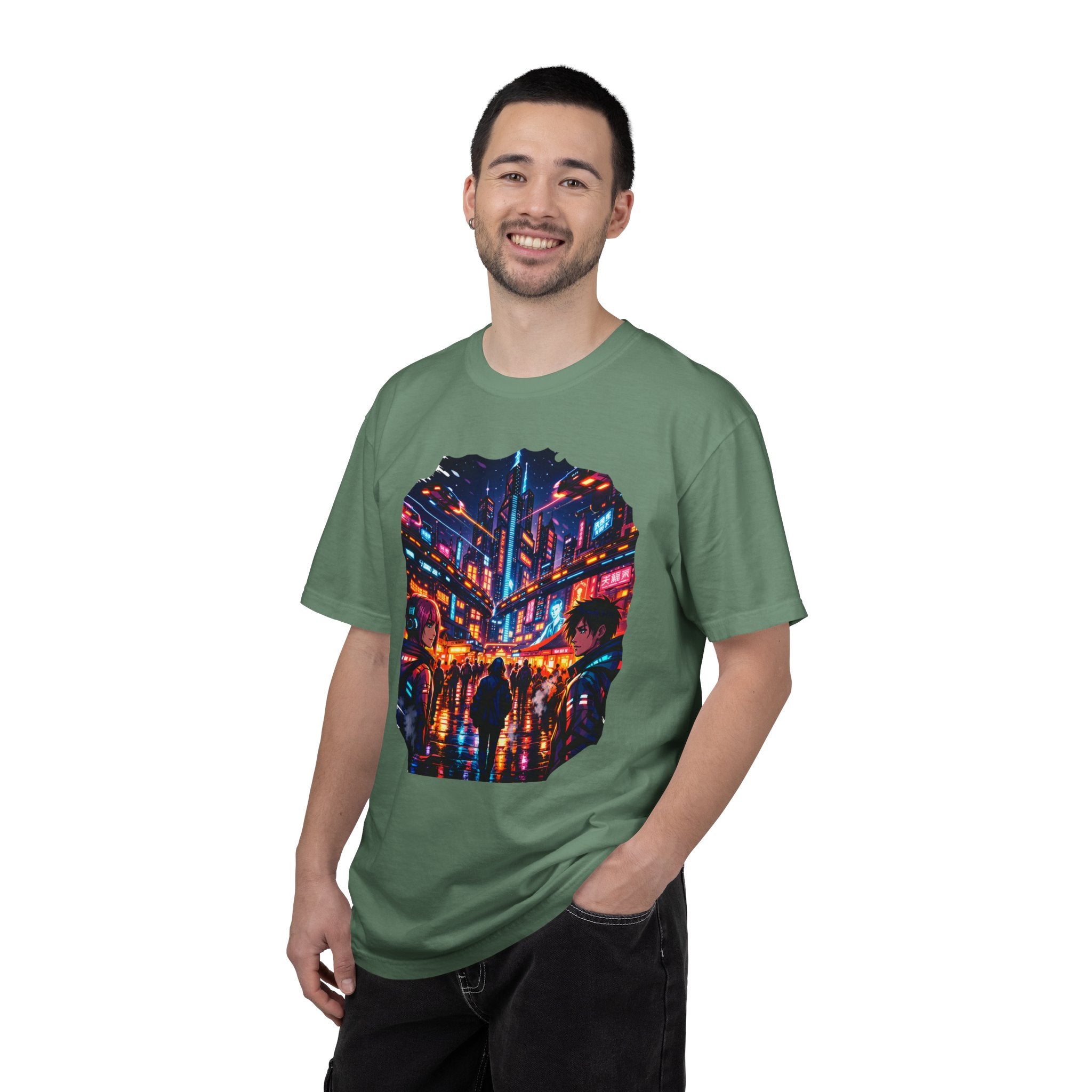 PRB Neon Cyberpunk Cityscape T-shirt | Anime Night Rain Streets by Power Runs Black