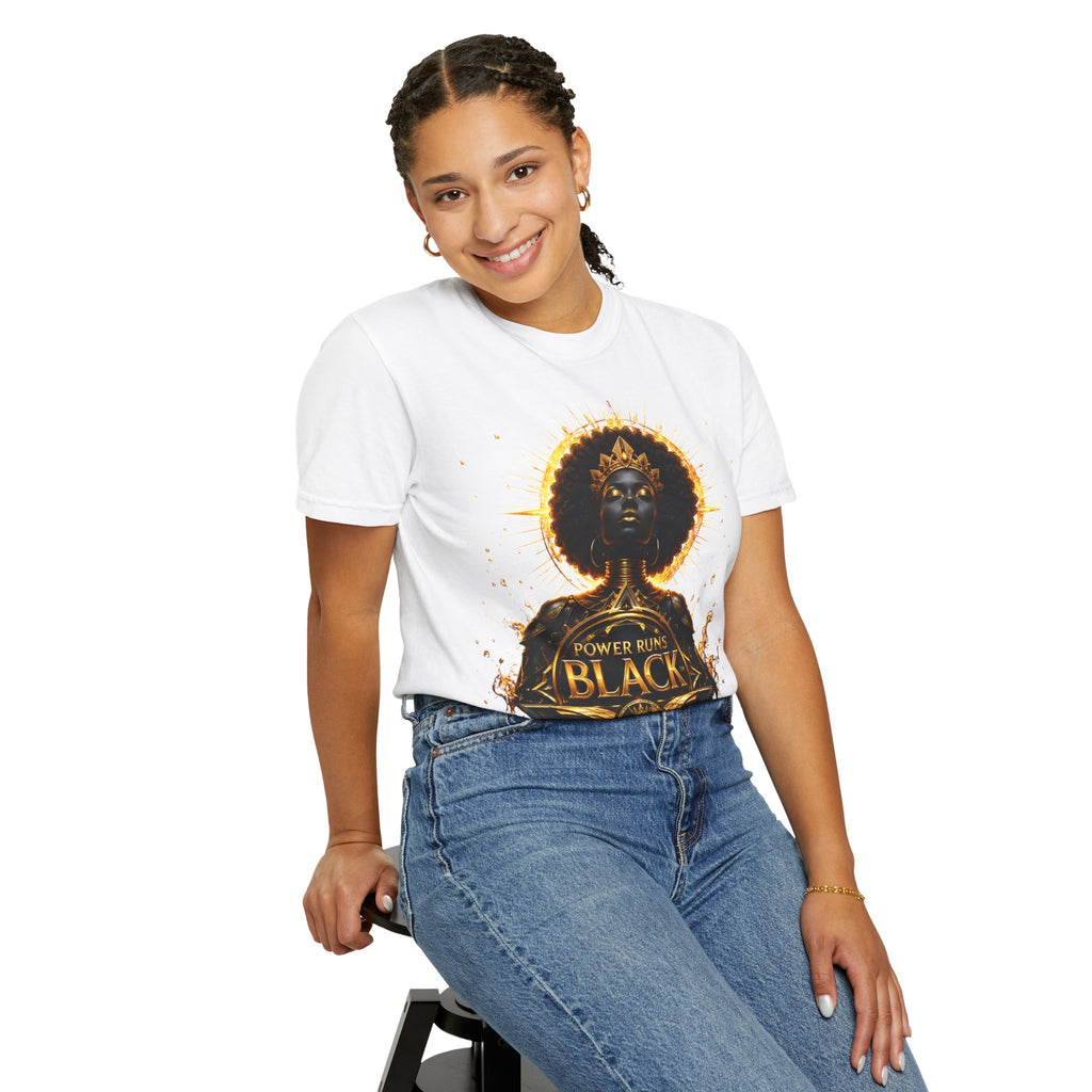 Power Runs Black goddess illustration T-Shirt | Afrocentric black pride design by Power Runs Black