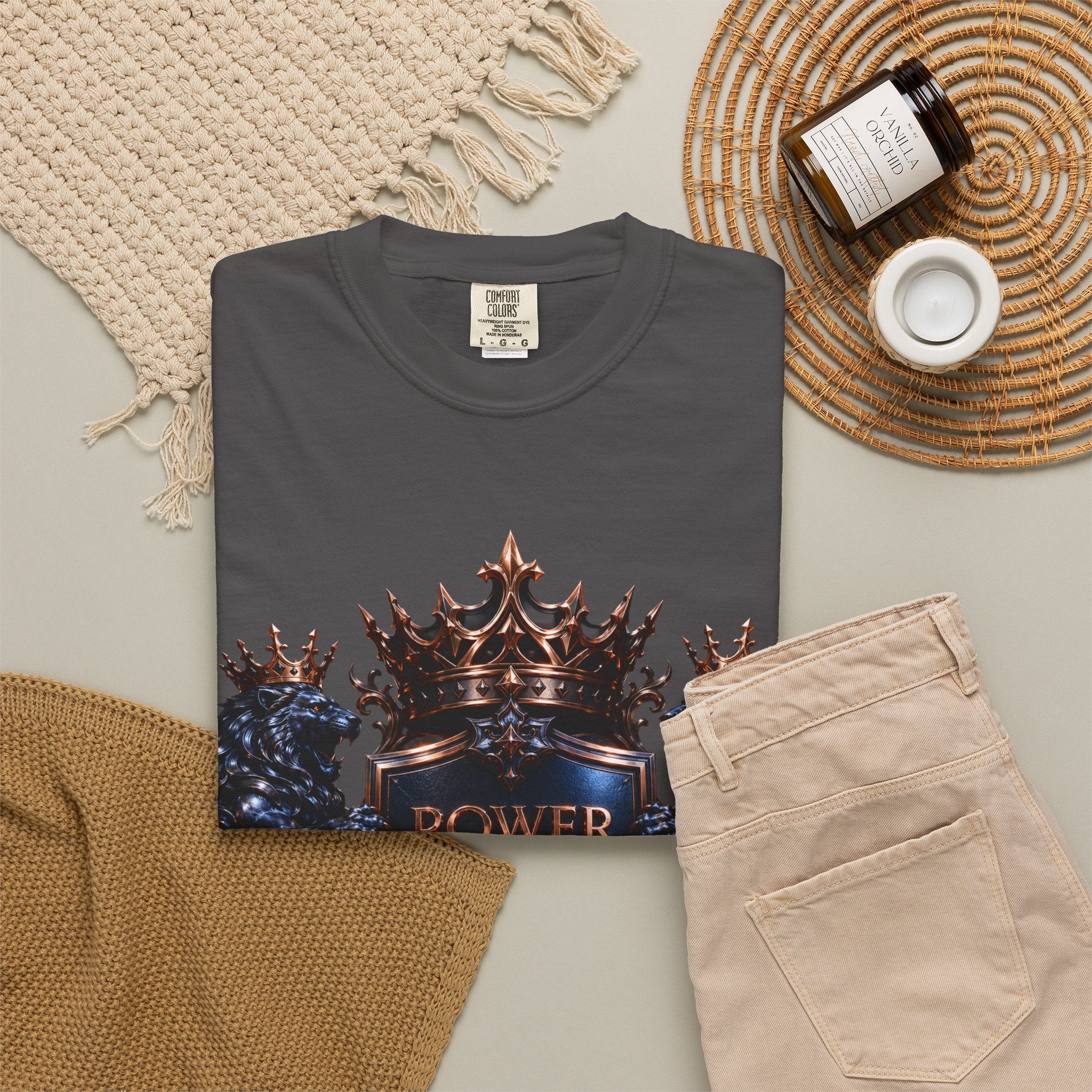 Power Runs Black Crest T-shirt | Heraldic Lion Shield Tee by Power Runs Black