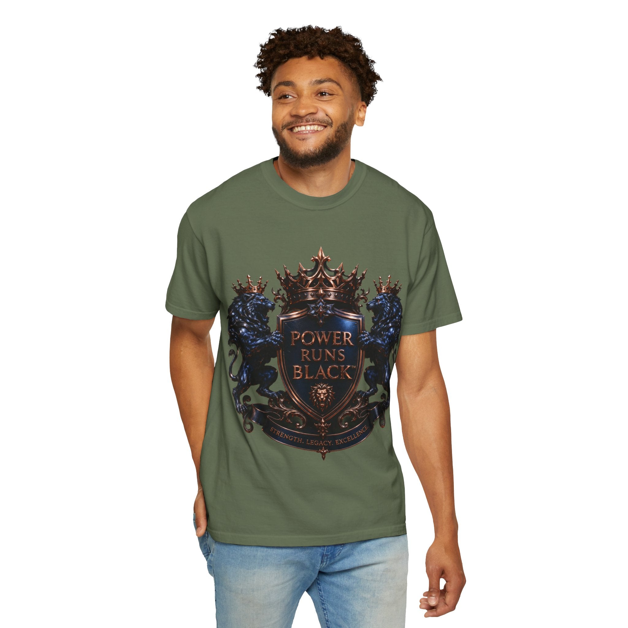 Power Runs Black Crest T-shirt | Heraldic Lion Shield Tee by Power Runs Black