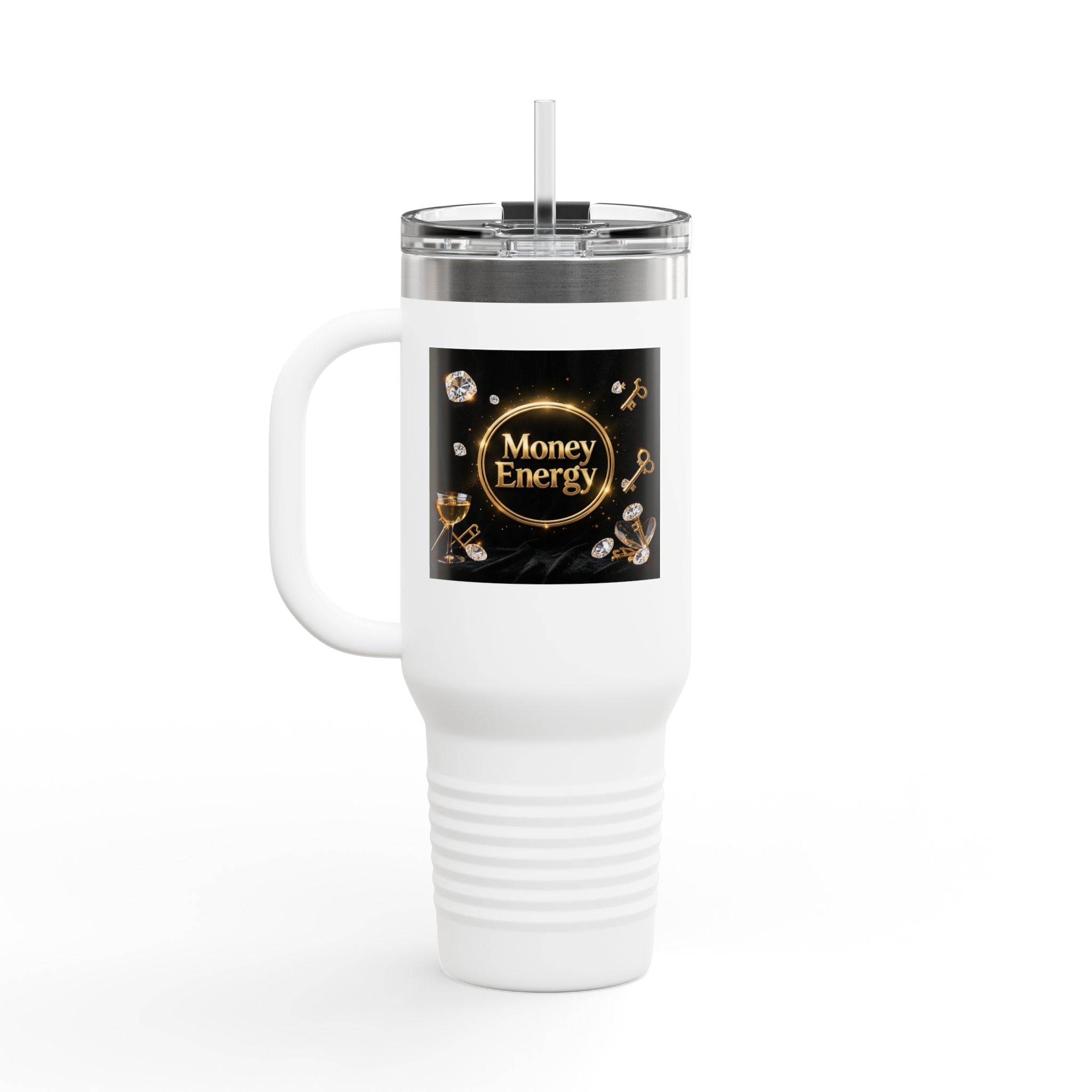 PRB 40oz Insulated Travel Mug — "Money Energy" Motivational Design by Printify