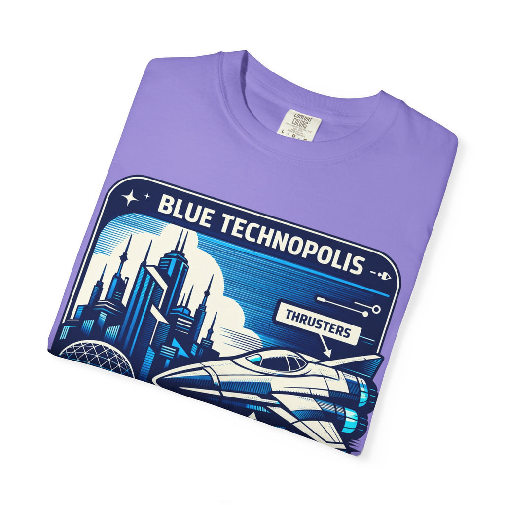 Power Runs Black PRB Technopolis Spacecraft T-Shirt — Blue Technopolis Retro Sci‑Fi Tee by Power Runs Black