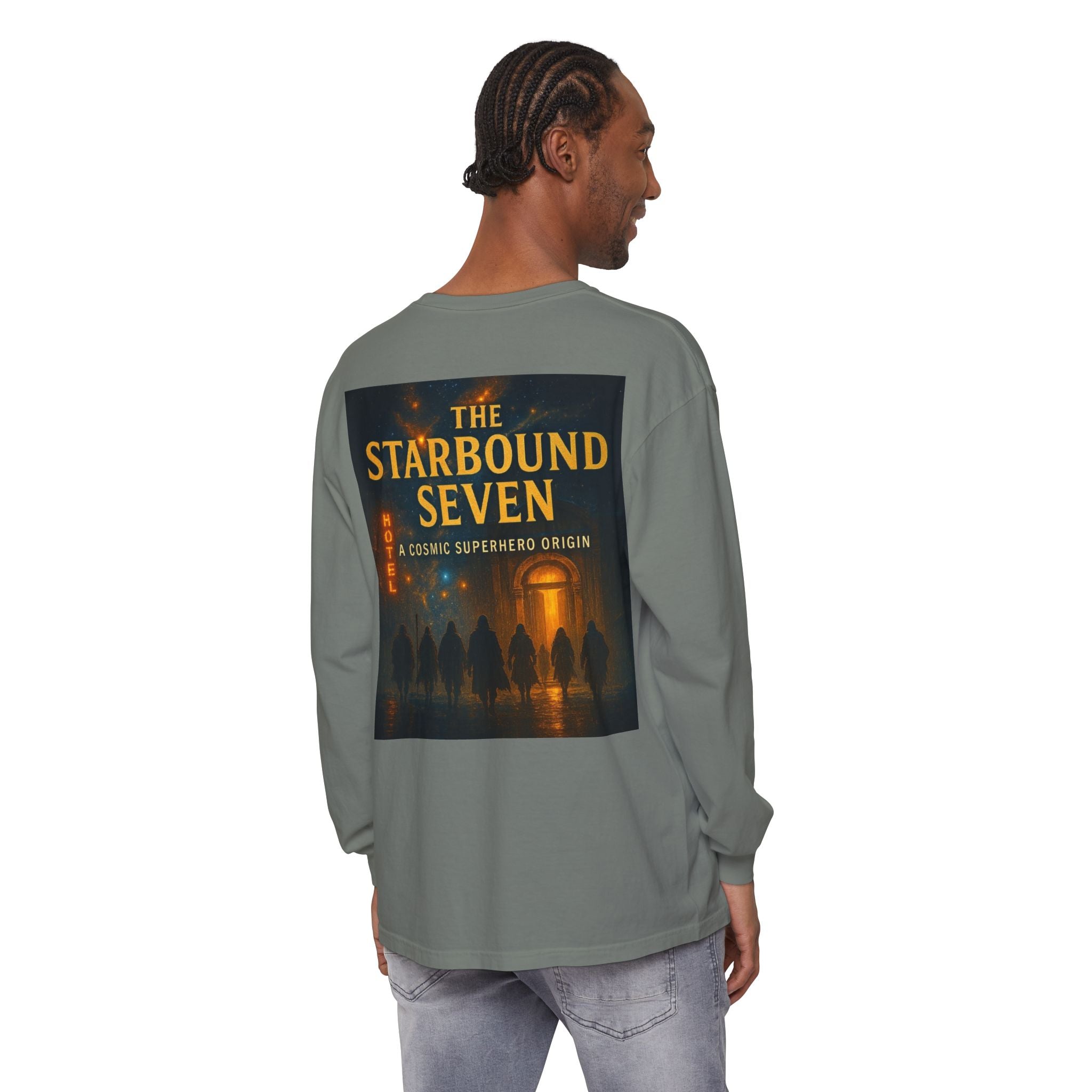 PRB The Starbound Seven graphic long sleeve shirt | cosmic superhero poster by Power Runs Black