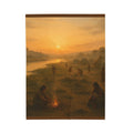 PRB Sunset Campfire Scene Velveteen Plush Blanket | Native Village Landscape by Printify