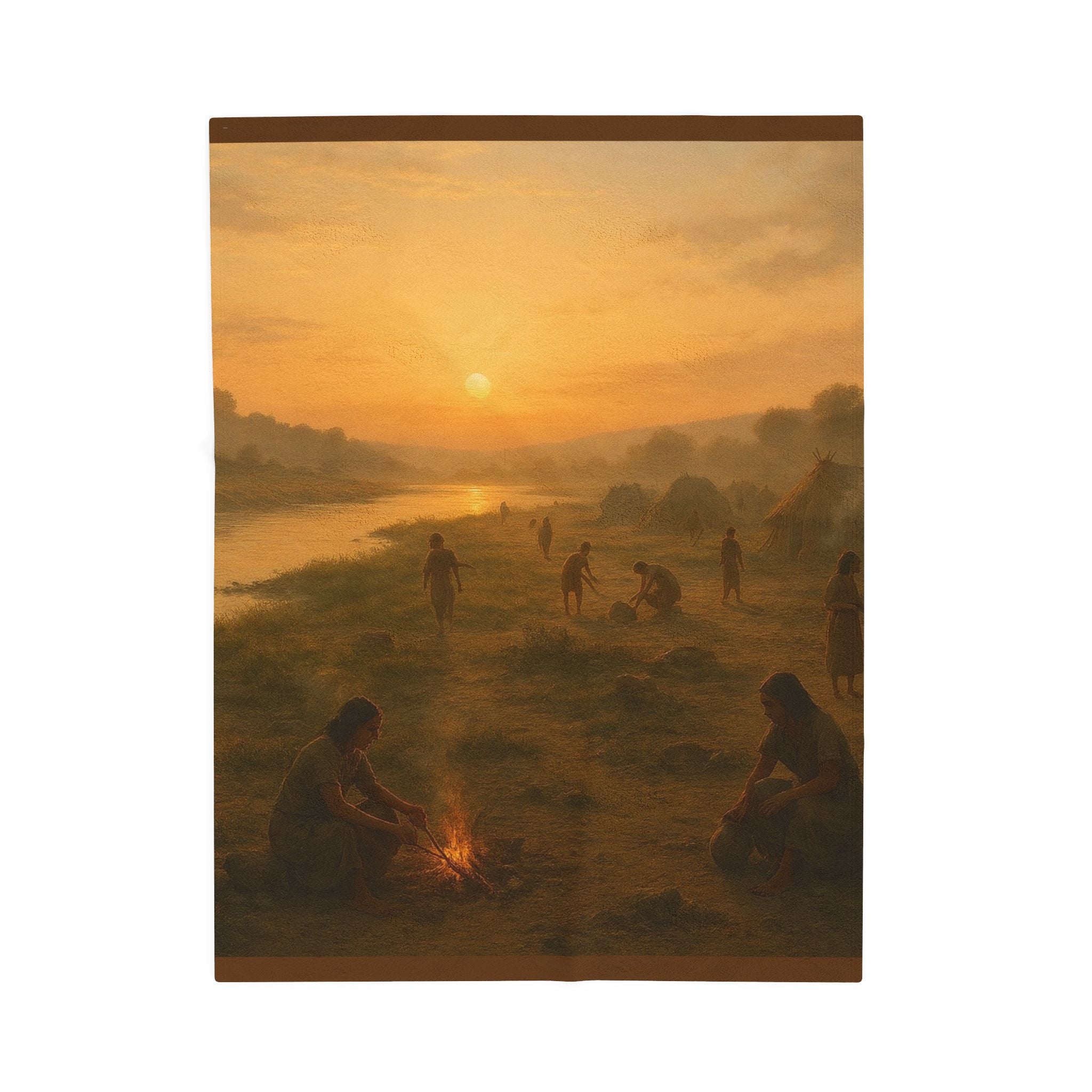 PRB Sunset Campfire Scene Velveteen Plush Blanket | Native Village Landscape by Printify