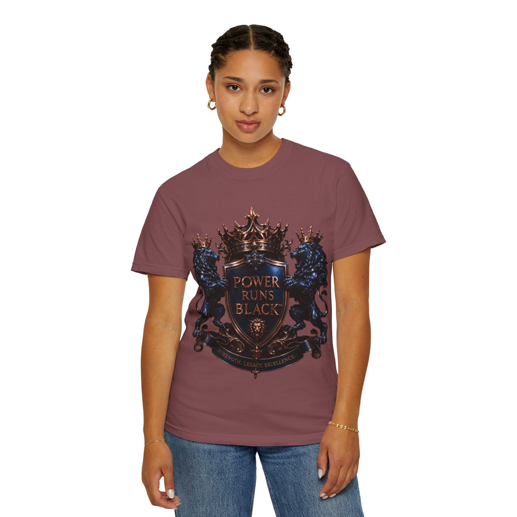 Power Runs Black Crest T-shirt | Heraldic Lion Shield Tee by Power Runs Black