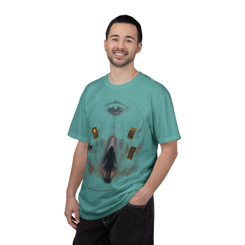 PRB Occult Tarot Skull T-Shirt — Mystic Eye & Shadow Figure Graphic by Power Runs Black